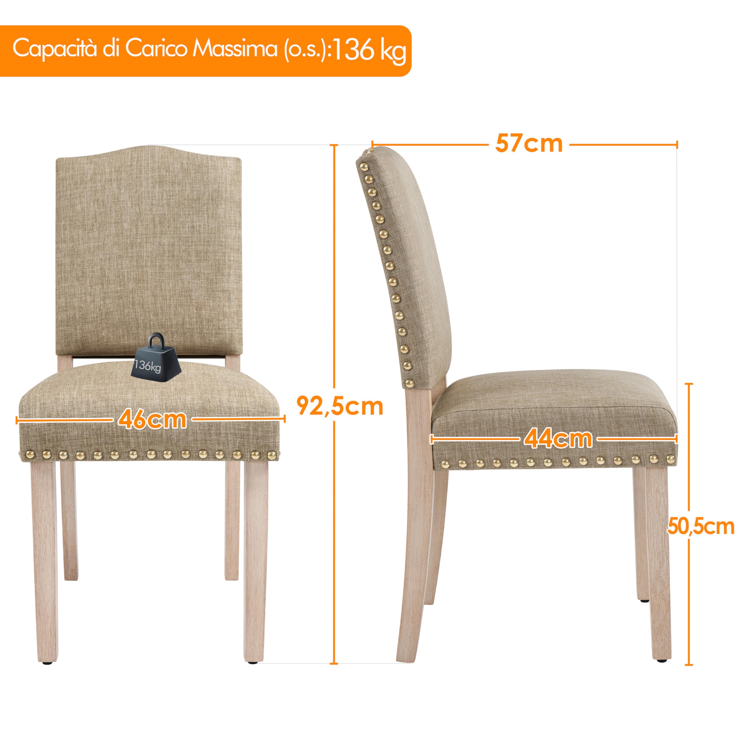 Yaheetech Set 4 Sedie da Pranzo Imbottite in Tessuto con Gambe in Legno | Cachi, Design Classico Elegante, Gambe in Legno, Ideali per Cucina e Soggiorno, Schienale Ergonomico e Comfort Quotidiano