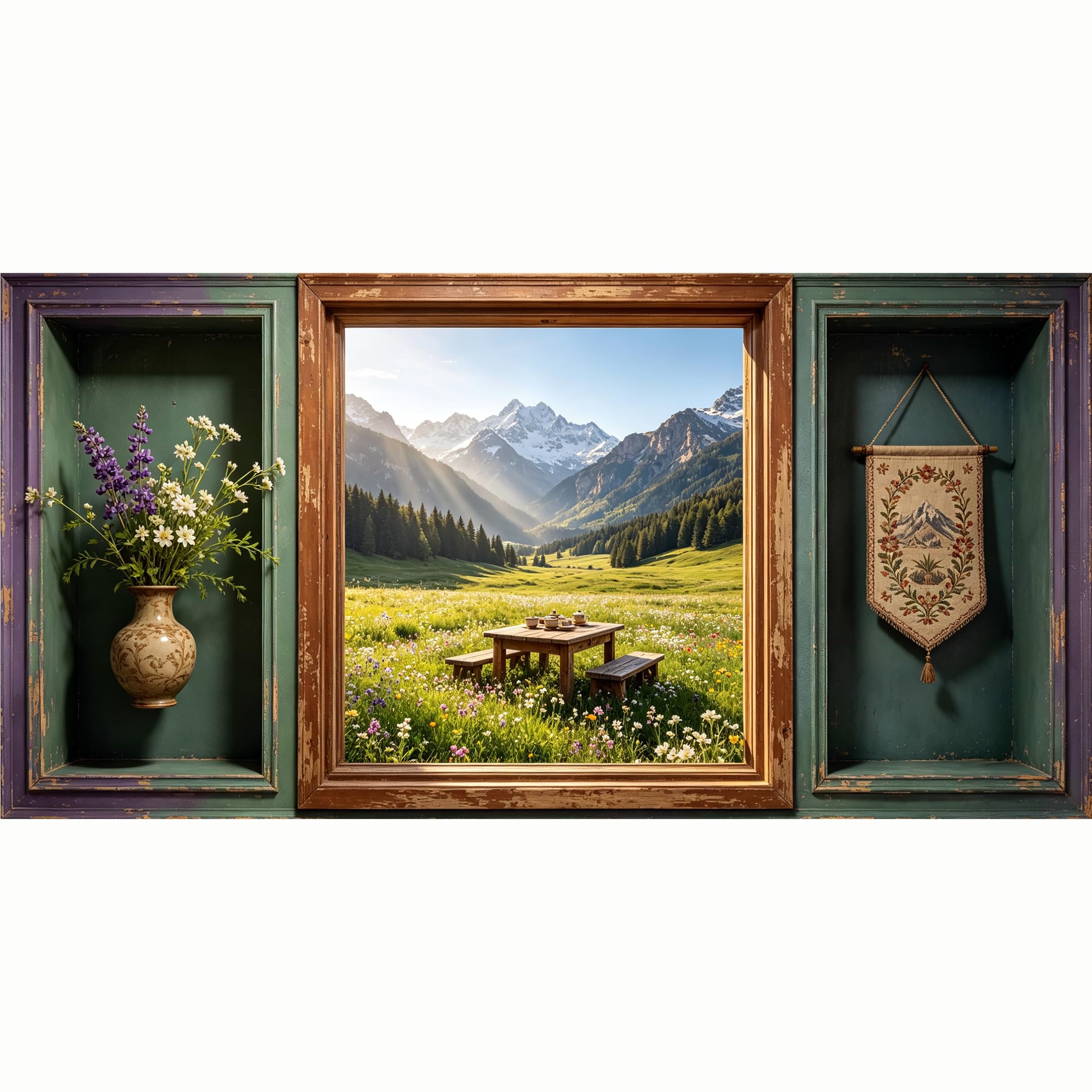 QZLITHOTIC 50x100cm 3D Framed Wall Art， Mountain Lake Meadow Scenery SelfAdhesive Mural， WaterActivated Peel & Stick Fabric Decor Wall Decal for Bedroom Living Room