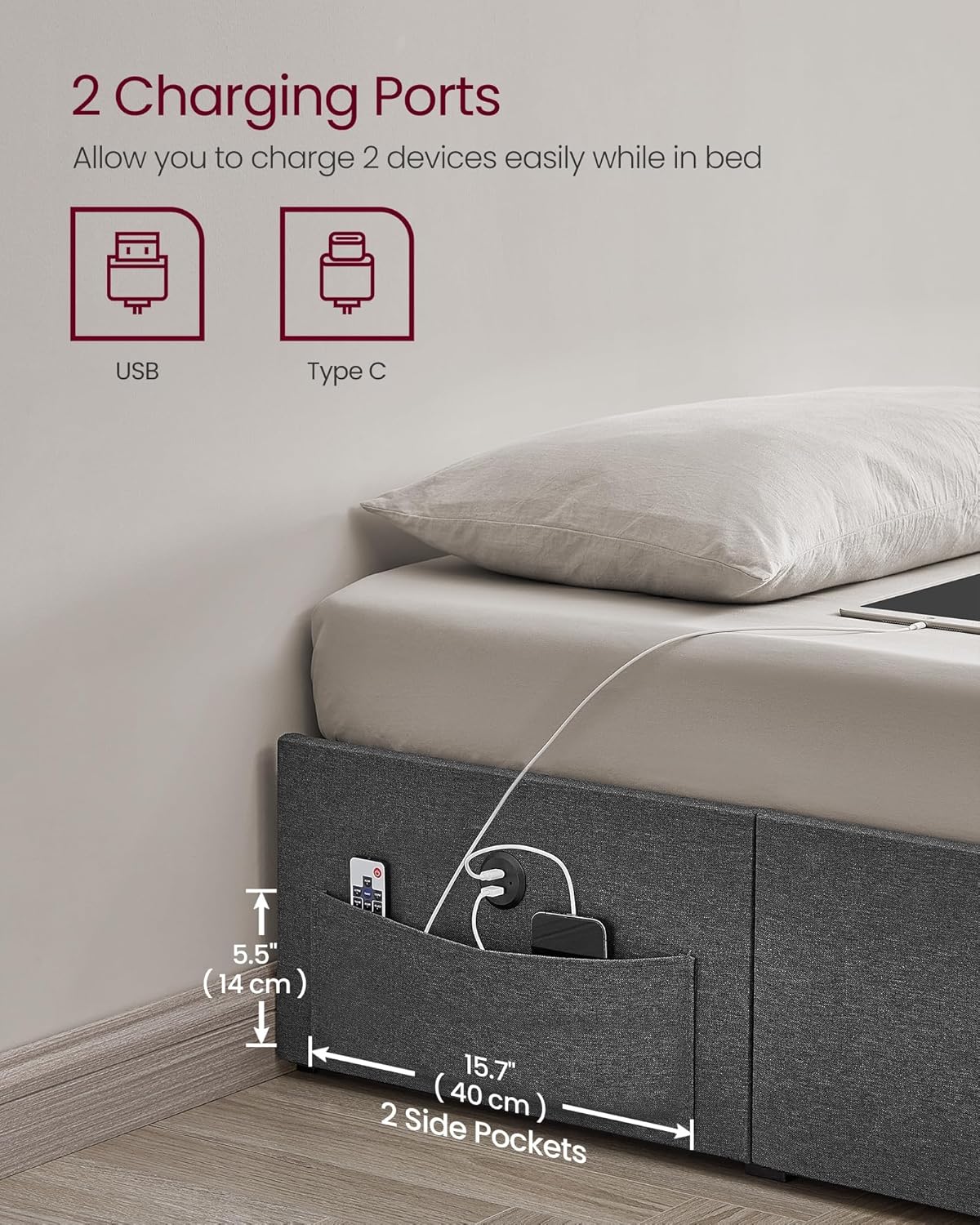 VASAGLE LED Bed Frame Queen Size with 4 Drawers and Charging Station, Queen Bed Frame with 1 USB Port and 1 Type C Port, Steel Slats, No Box Spring Needed, Dark Gray URMB831G71