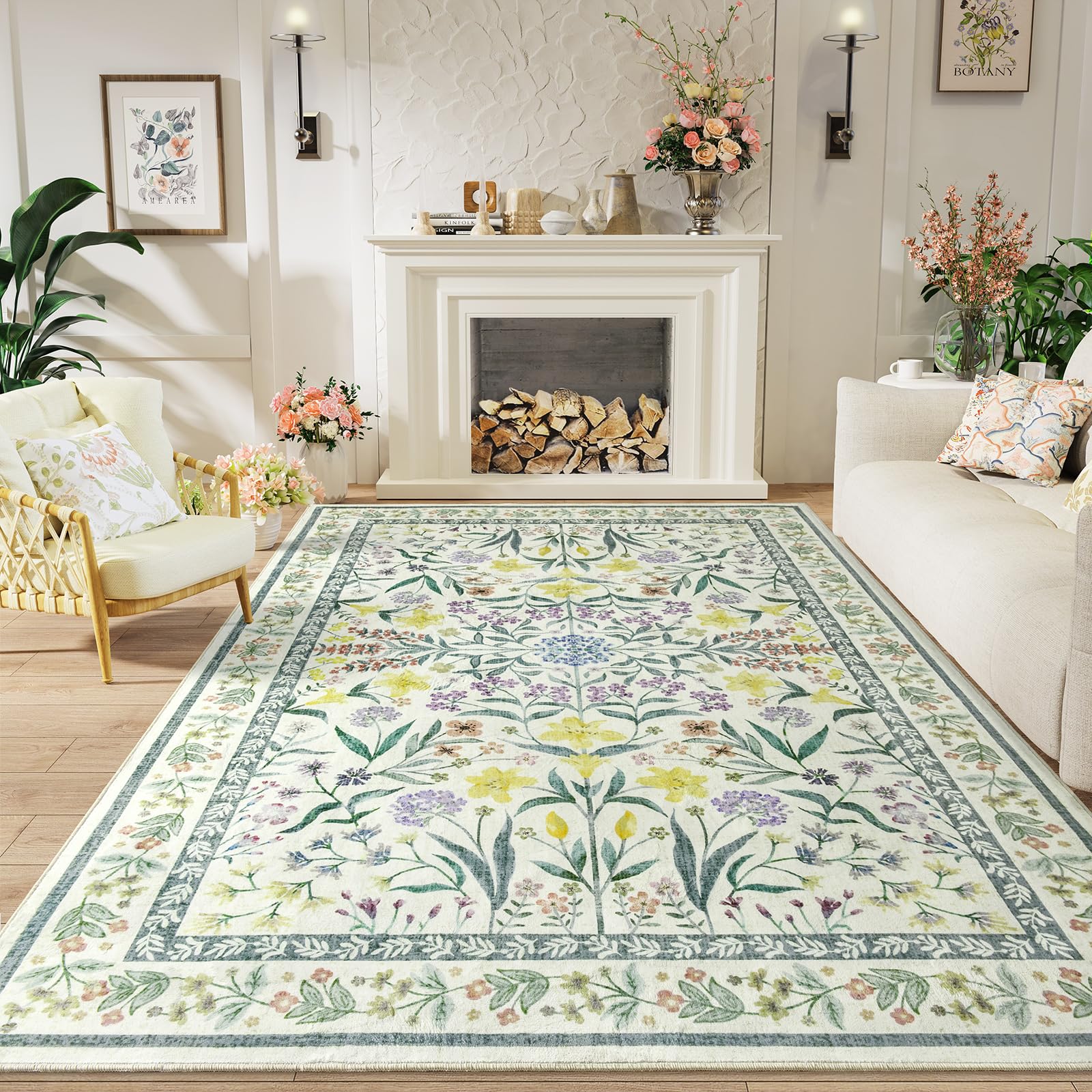 Amearea 6x9 Feet Floral Area Rugs for Living Room, Green Rugs for Bedroom Girls, Cute Kids Room Print Carpet Vintage Low Pile Machine Washable Area