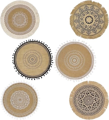 Miniatura 2 de Juego de 6 manteles individuales redondos, para comedor de invierno, moderno, trenzado, beige, bohemio, mesa redonda y círculo de otoño, manteles