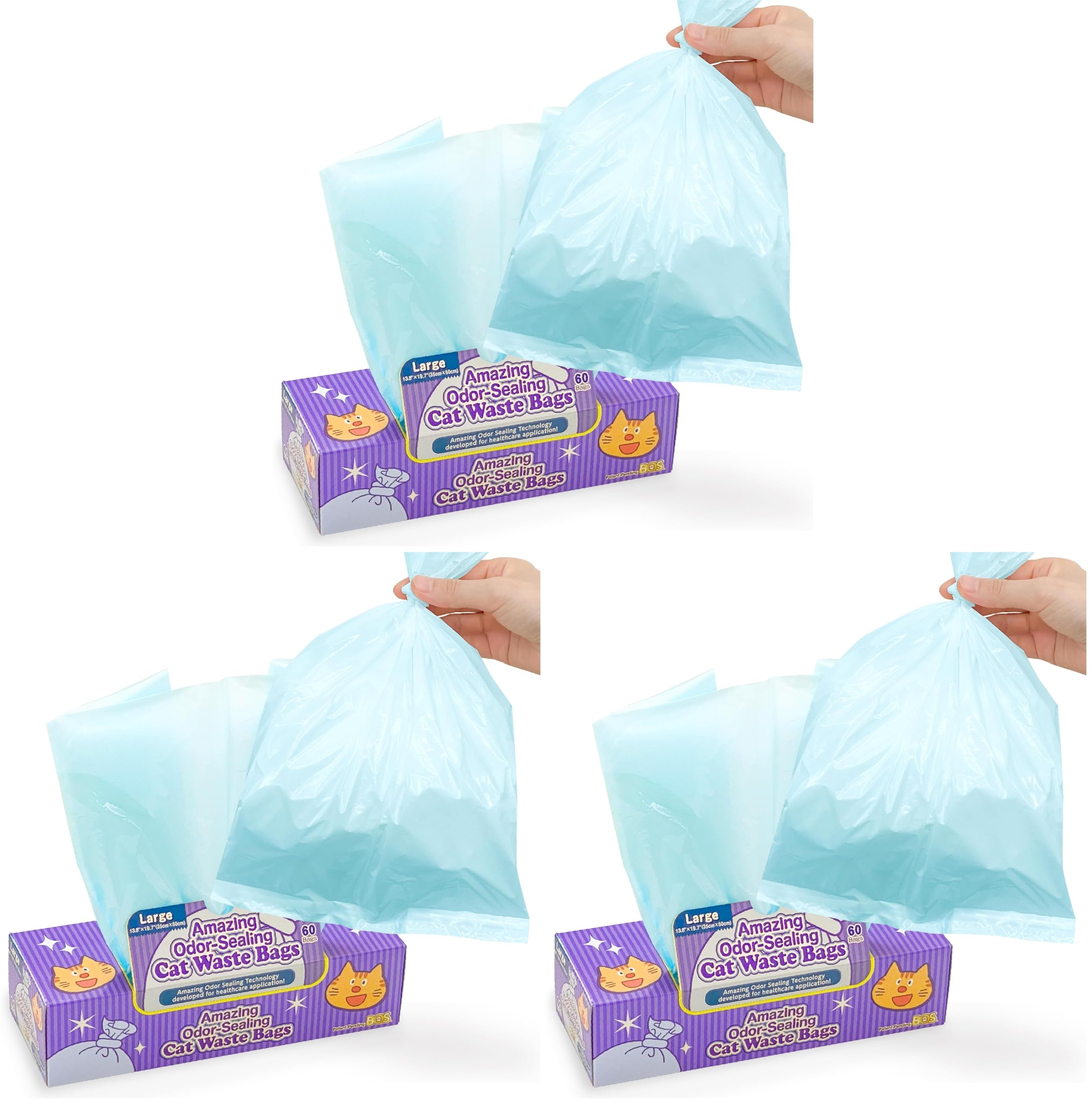 BOS Amazing Odor Sealing Cat Waste Disposal Bags - Durable, Unscented [Size: L, Color: light blue] (60 Count, Pack of 3) (60 Bags) ★NOT a litter box liner