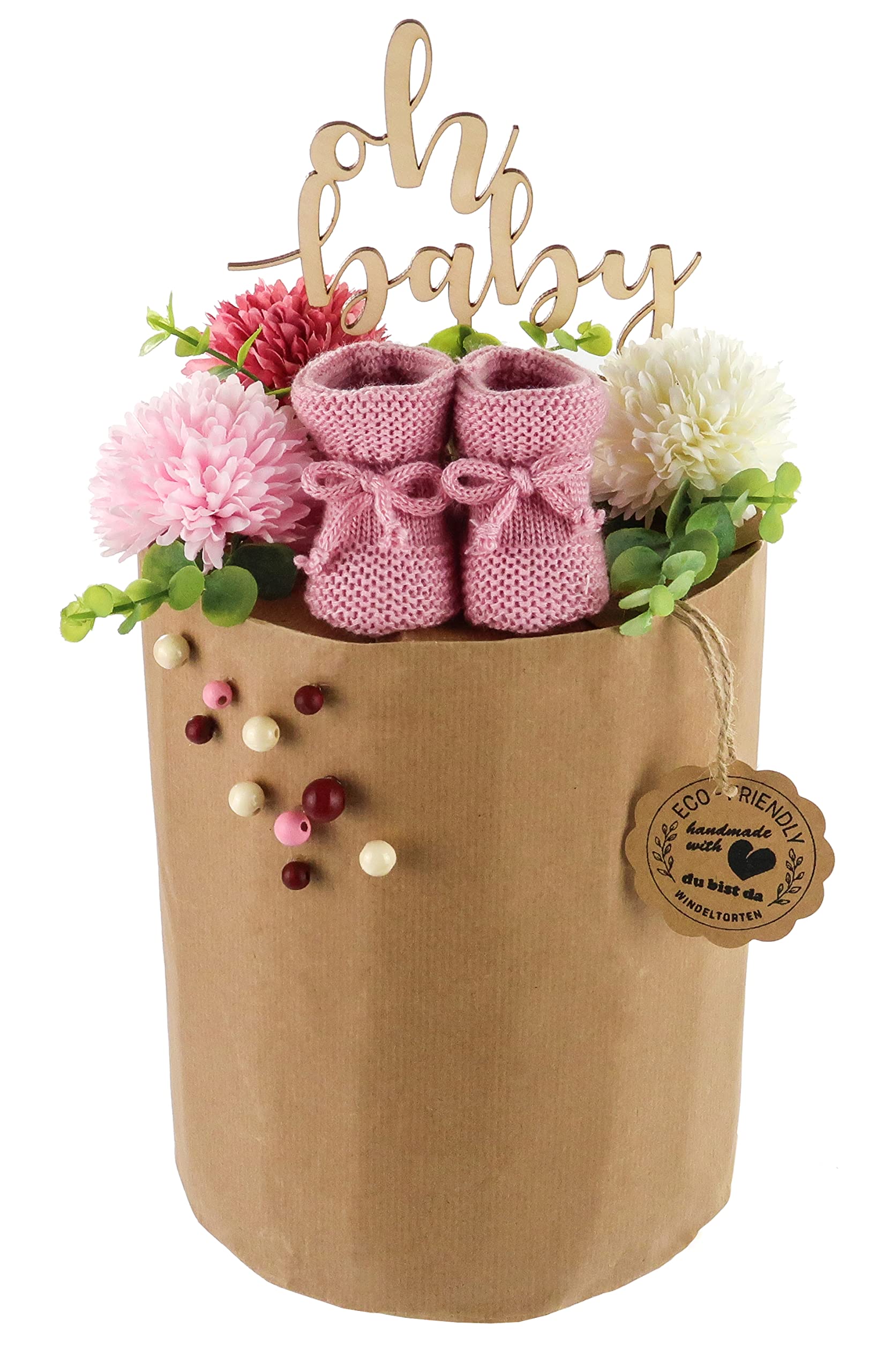 Öko Windeltorte ECO FRIENDLY aus Bio Windeln | Premium Geschenk zur Geburt | nahezu Plastikfrei* (altrosa) (M)