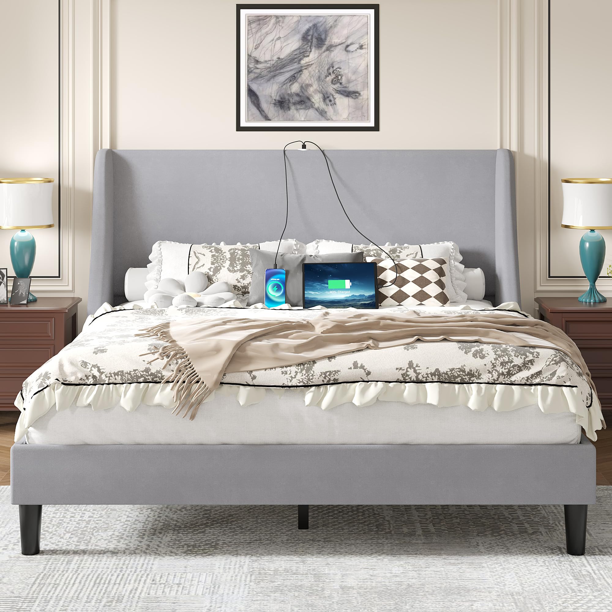 Photo 1 of VECELO Queen Bed Frame with Upholstered Wingback Headboard, Heavy-Duty Platform Bedframe with Charging Station, Wooden Slats, No Box Spring Needed, Light Grey