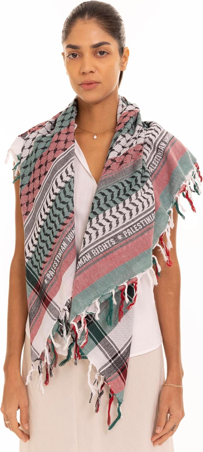 Palestinian Human Rights Keffiyeh with Fringes, Woven 100% Cotton scarf, Measuring 45x45”