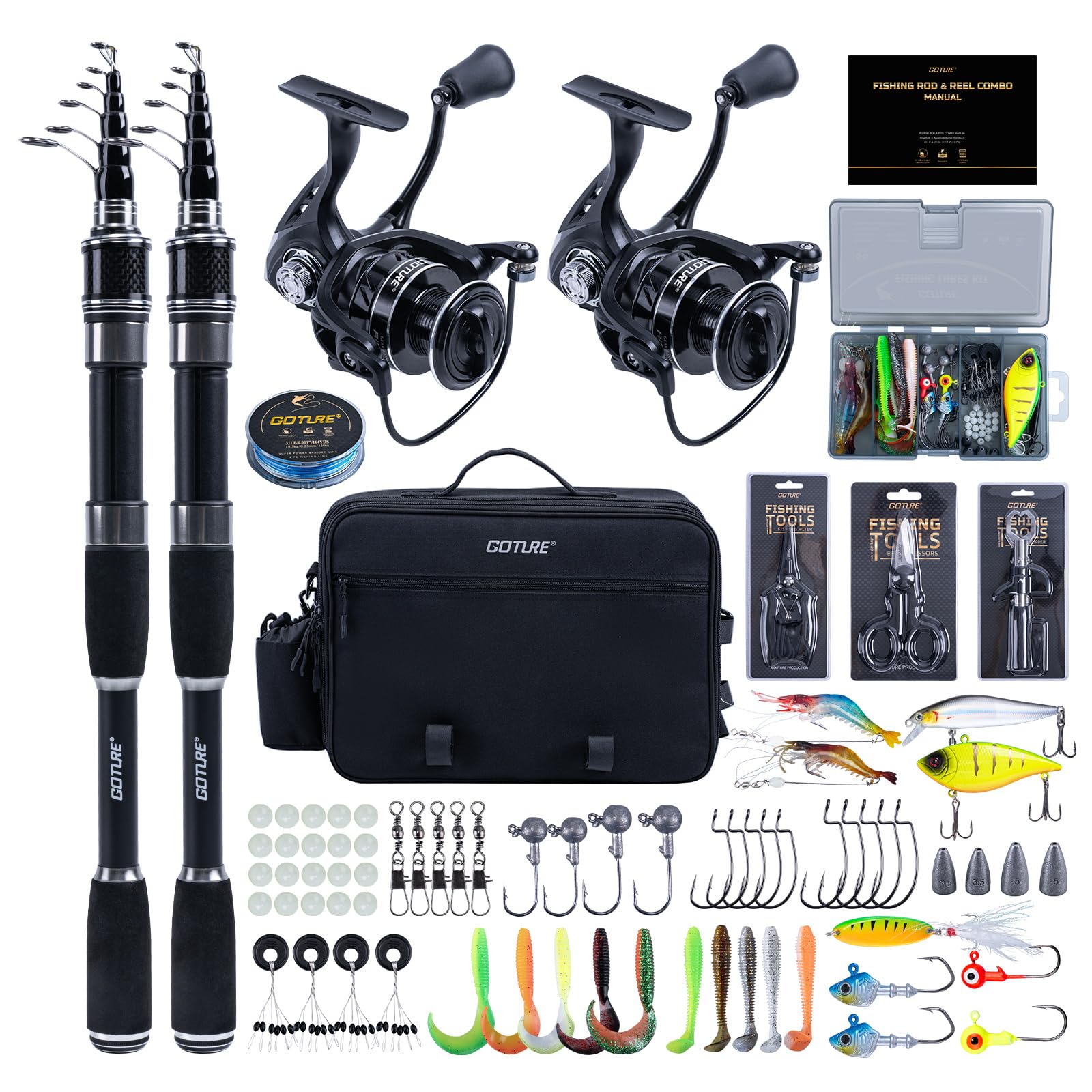 Goture Double Telescopic Fishing Rod and Reel Combo, Telescopic Fishing Pole & 9+1 Spinning Reels with 600D PVC Hard Carrier Bag, Travel Fishing Rod Combo Start Kit for Saltwater Freshwater 2.1M
