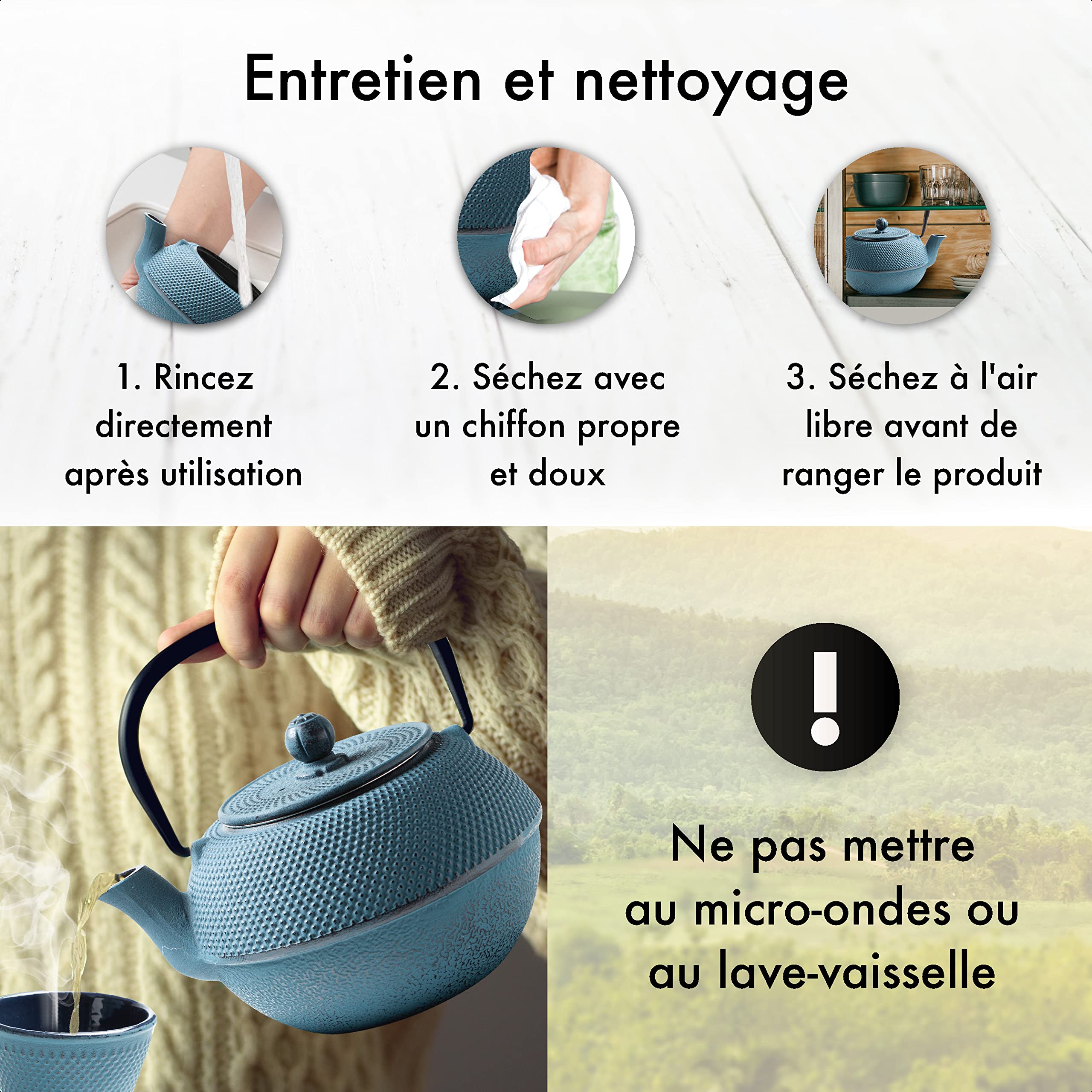 THEIERE FONTE 1,1 LITRE SET COMPLET | BOÎTE CADEAU | Service à Thé en Fonte avec Théière, 2 Tasses & Dessous Théière | Entièrement Émaillée de l'Intérieur | Design De Style Japonais | Bleu