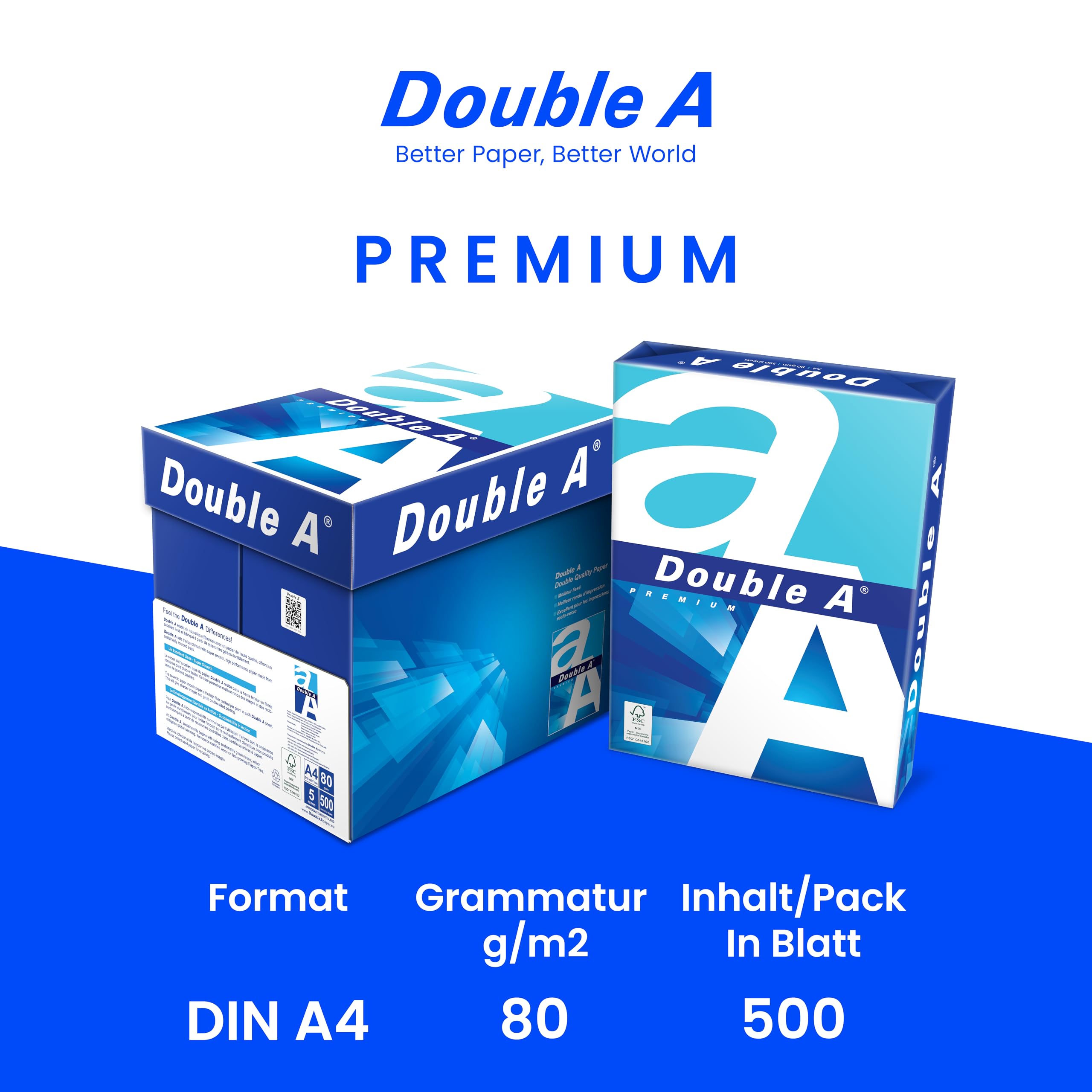 Double A Premium - Papel para imprimir (formato A4, 80 g/m², 2.500 hojas), color blanco