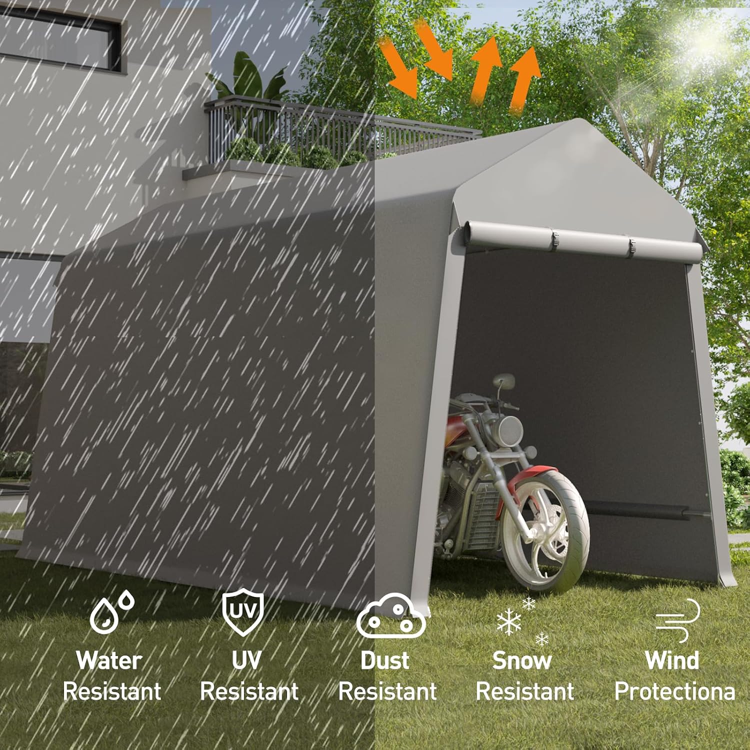 7X12FT Heavy-Duty Portable Outdoor Shelter Shed - Waterproof UV-Resistant Carport with Roll-Up Zipper Doors & Vents, Anti-Snow Motorcycle Garage Tent, Grey