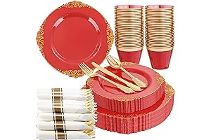 Nervure 175-Piece Red and Gold Plastic Party Plate Set