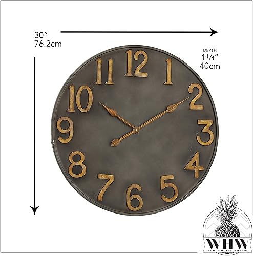 Miniatura 4 de WHW Whole House Worlds Reloj de pared moderno industrial, metal gris peltre, números dorados antiguos, movimiento de cuarzo, 30 pulgadas de