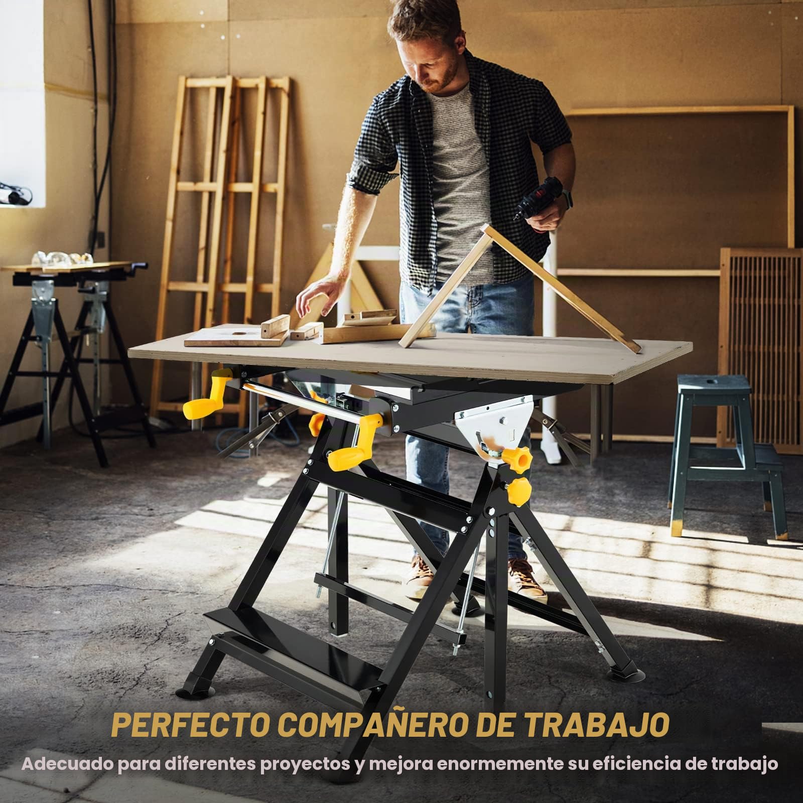 GOPLUS Banco de trabajo plegable,estación de trabajo con plataforma reclinable,7 alturas ajustables y 8 pinzas deslizantes,mesa de soldadura con transportador y regla para el hogar,garaje,taller