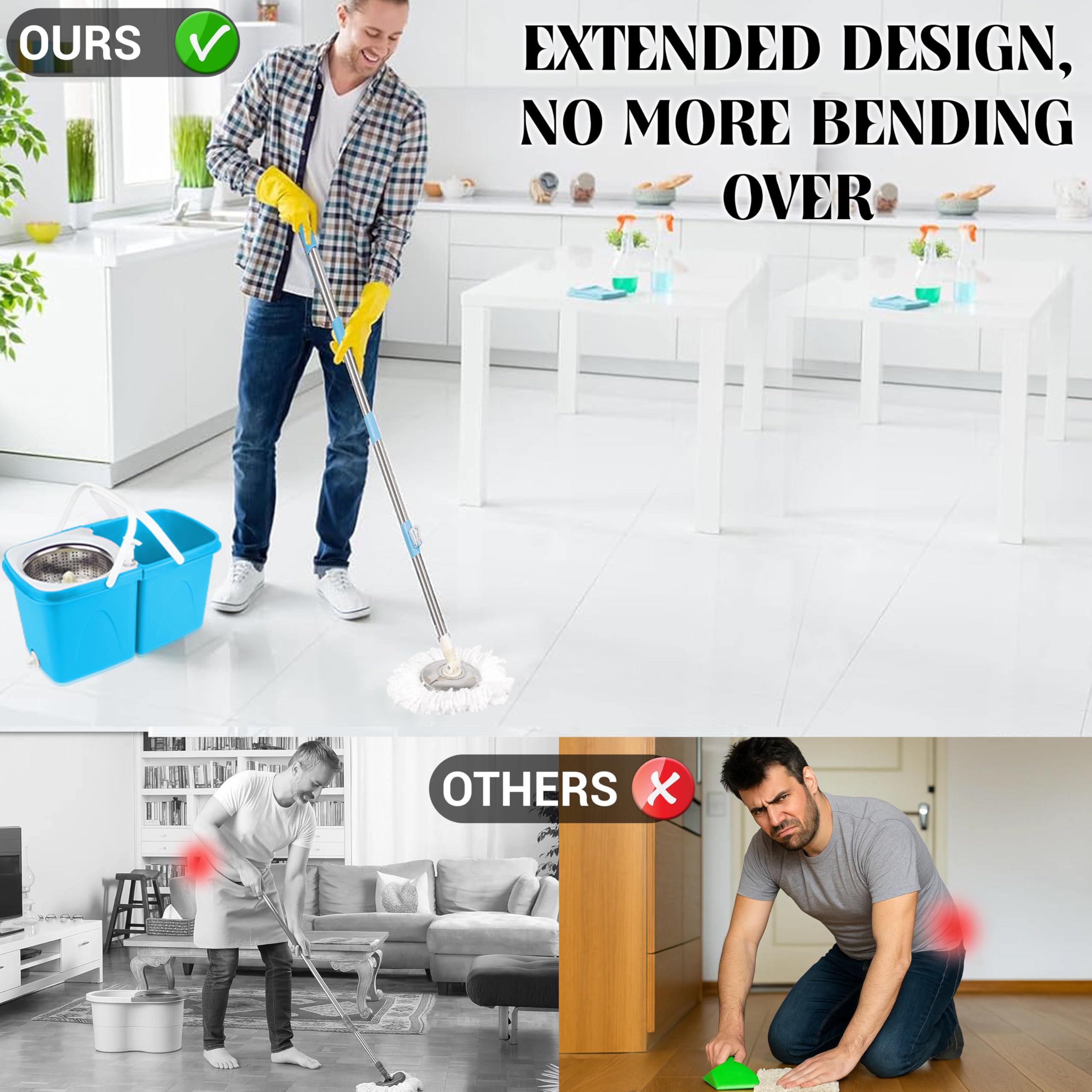 ARSUK Mop 360° Obrotowy – Regulowany Teleskopowy Uchwyt 127 cm ze Stali Nierdzewnej – 2 Wkłady Mikrofibrowe – Idealny do Paneli, Płytek i Drewna