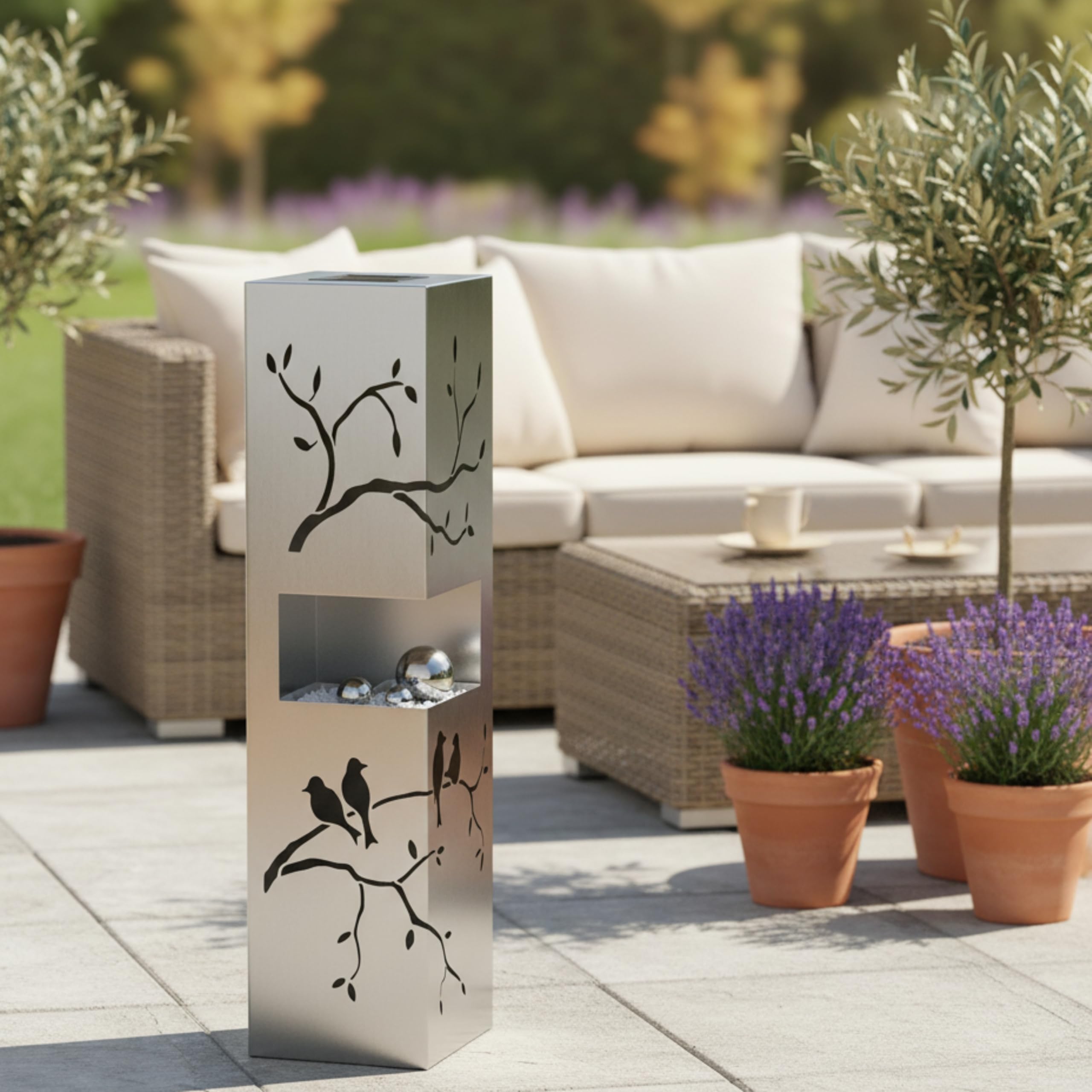 Solar LED Dekosäule 25 LEDs – Gartendeko für draußen wetterfest | Zweige-Motiv mit Schattenspiel – Deko Haustür & Solarleuchten Garten aus Edelstahl Silbergrau 100cm hoch Deko Garten & Terrassen