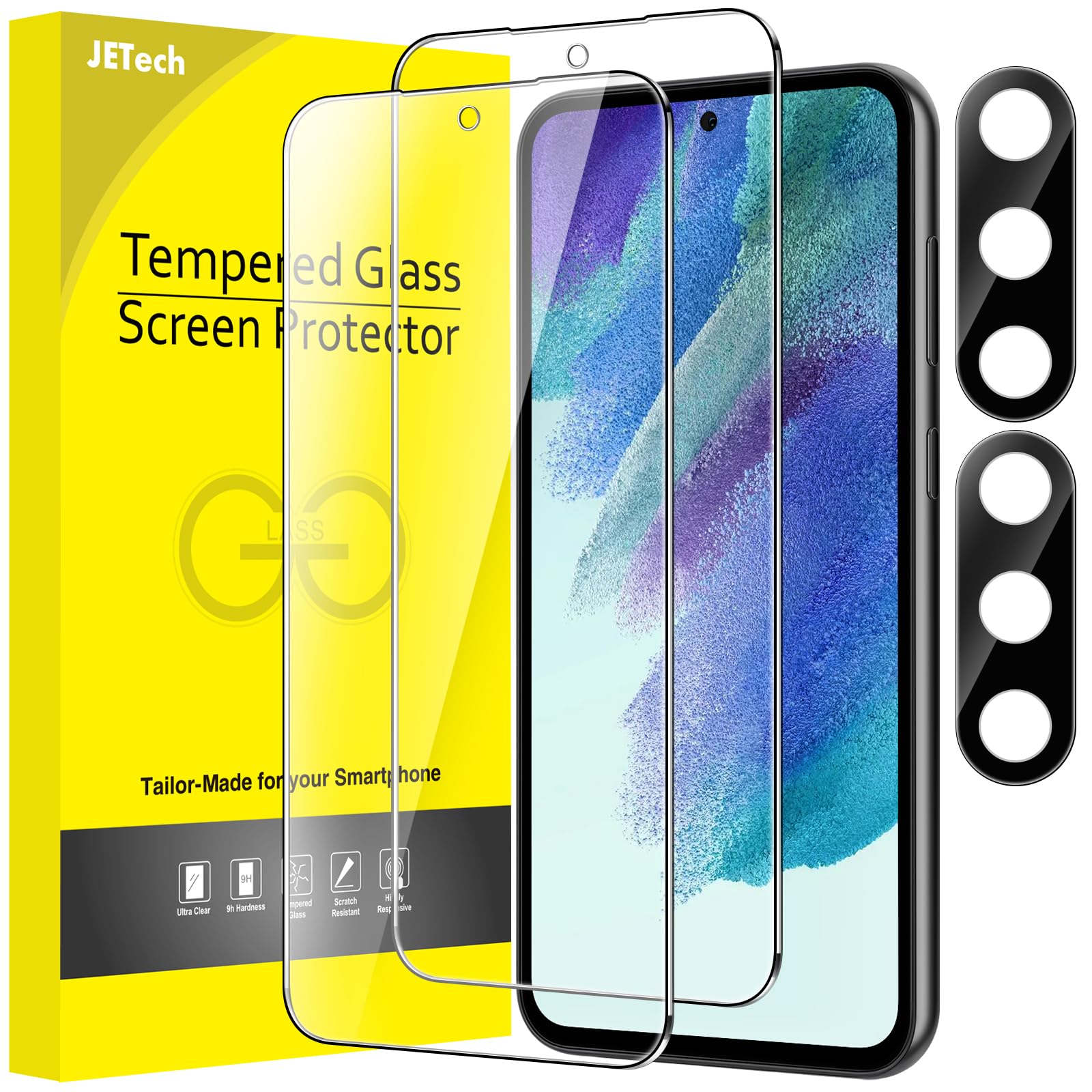 JETechScreen Protector for Samsung Galaxy S23 FE 6.4-Inch with Camera Lens Protector, Tempered Glass Film, Fingerprint ID Compatible, HD Clear, 2-Pack Each