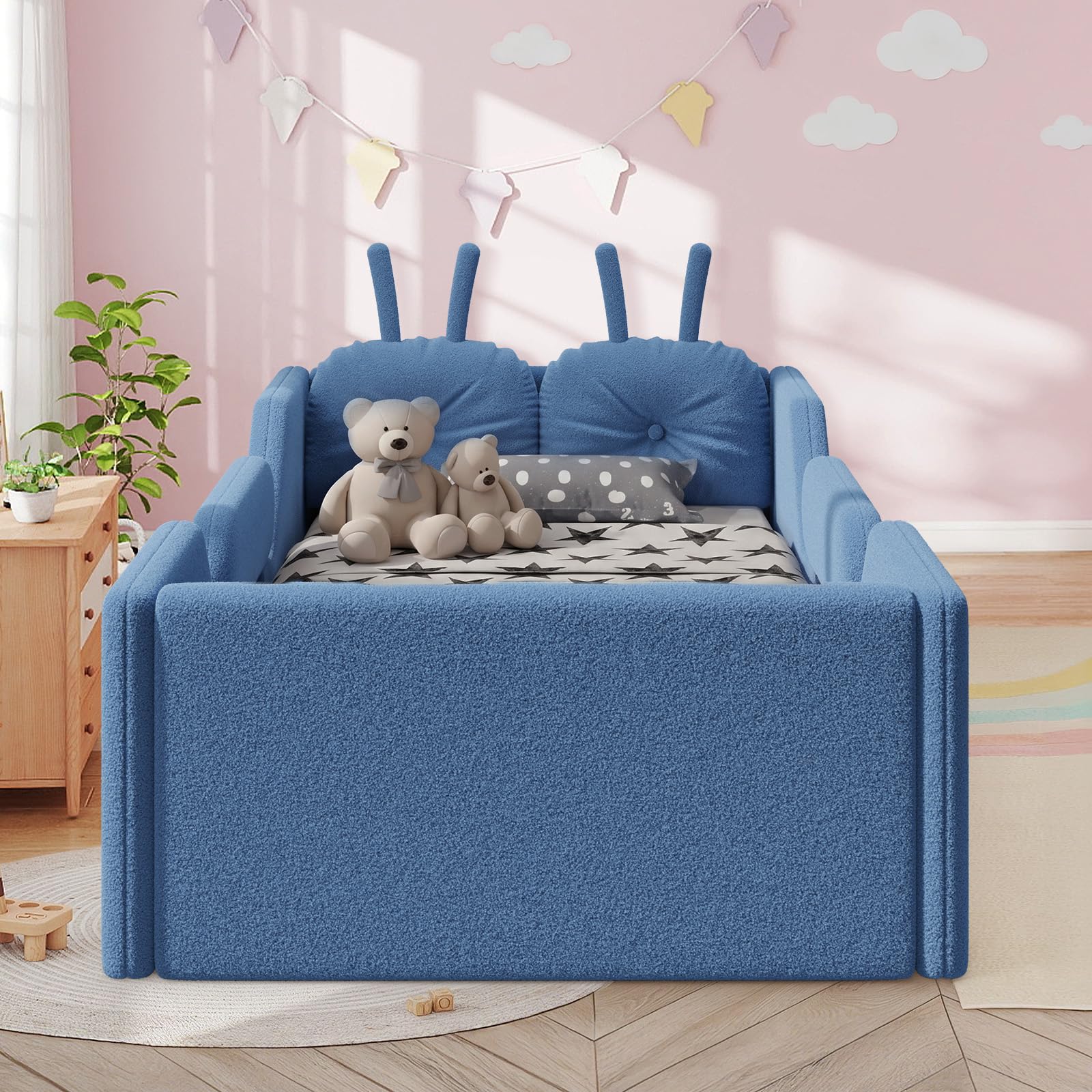 Twin Size Kids Bed with Rabbit Cushions, Upholstered Boucle Fabric Platform Floor Twin Daybed with Removable Side Rail, Space-Saving Wooden Corner Sofa Couch Bed Frame for Girls, Boys, Teenager(Blue)