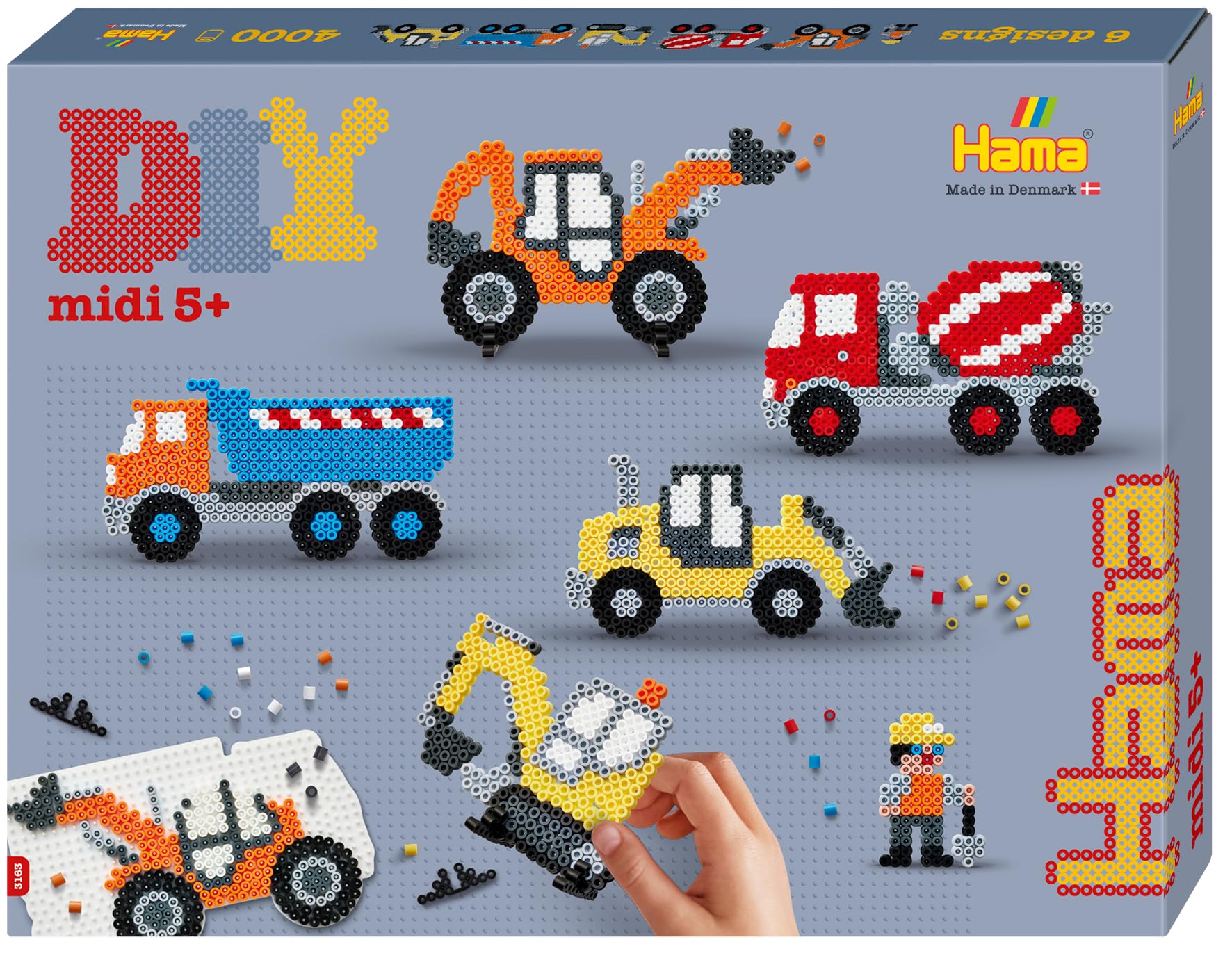Hama Perlen 3163 Bügelperlen Geschenkpackung mit ca. 4000 Bastelperlen mit Durchmesser 5 mm, Motiv Baufahrzeuge, kreativer Bastelspaß für Groß und Klein