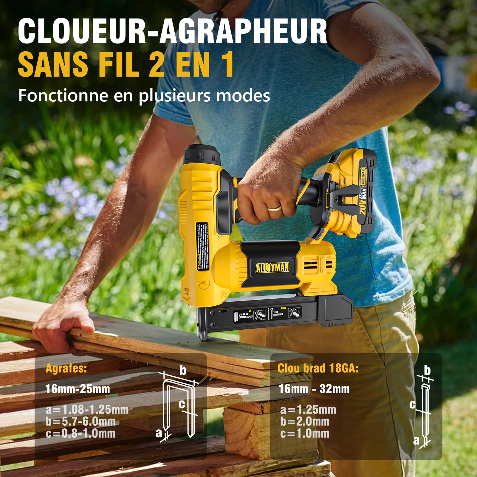 Alloyman MAX Cloueuse Agrafeuse Electrique Sans Fil 20V, Cloueur Électrique 2 en 1 18GA, avec 1000 clous et 500 Agrafes Inclus, pour Bricolage et Menuiserie