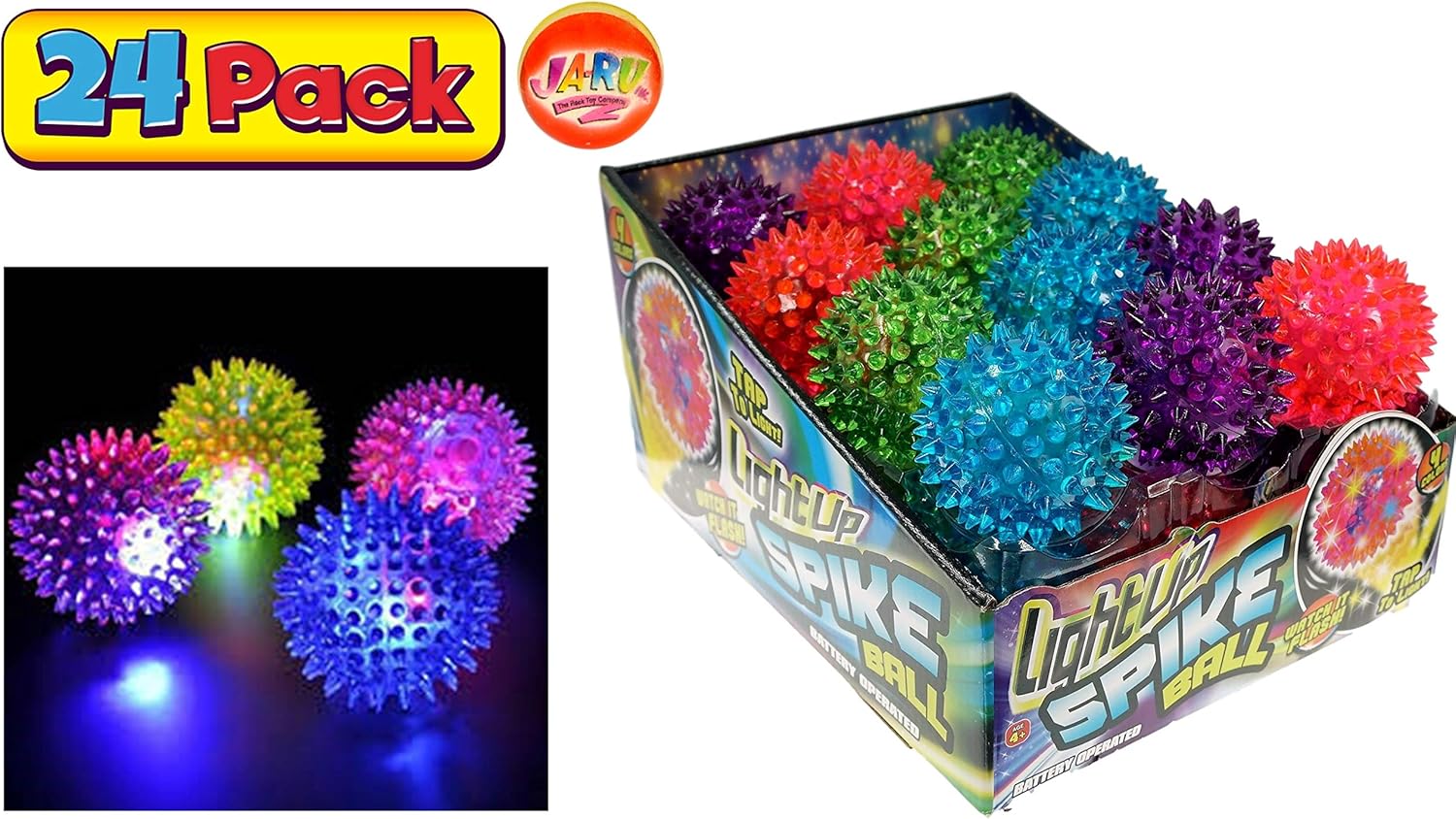 JA-RU Light Up Spiky Balls for Kids (24 Pack) – Light Up Bouncy Balls, Spiky Fidget Toys for Stress Relief, Sensory Bin Filler, Bulk Party Favors, & Classroom Prizes. 695-24p
