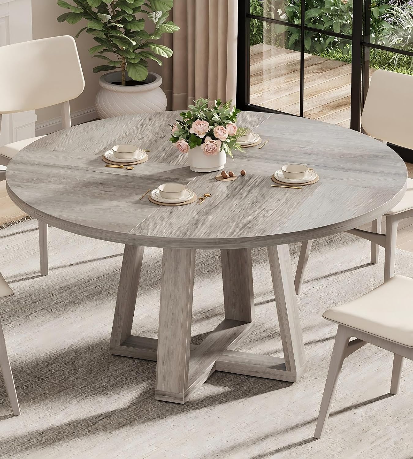 IDEALHOUSE 47 Inch Round Dining Table for 4-6 People, Circle Kitchen Table with Cross Base, Farmhouse Wood Dinner Table for Apartment, Grey