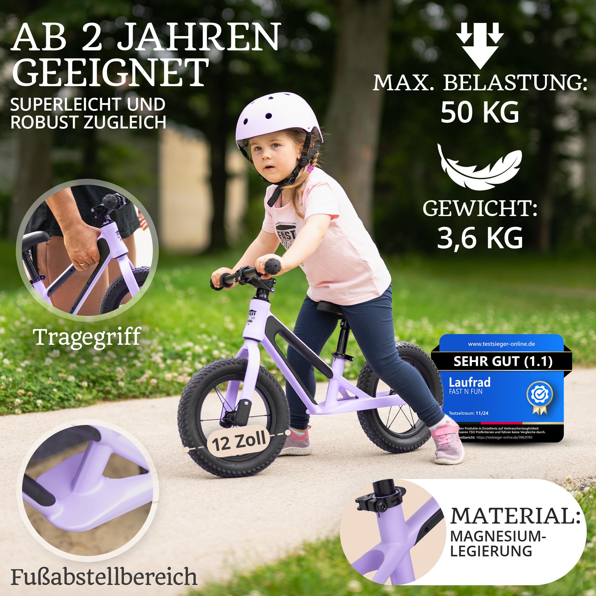 Laufrad ab 2 Jahre bis 50kg Kinderfahrrad Laufräder | Balance Bike 12" Tragegriff Fußstütze ergonomischer Sitz [höhenverstellbar] Luftreifen Lauflernrad Outdoor Spielzeug Fahrrad Kinder