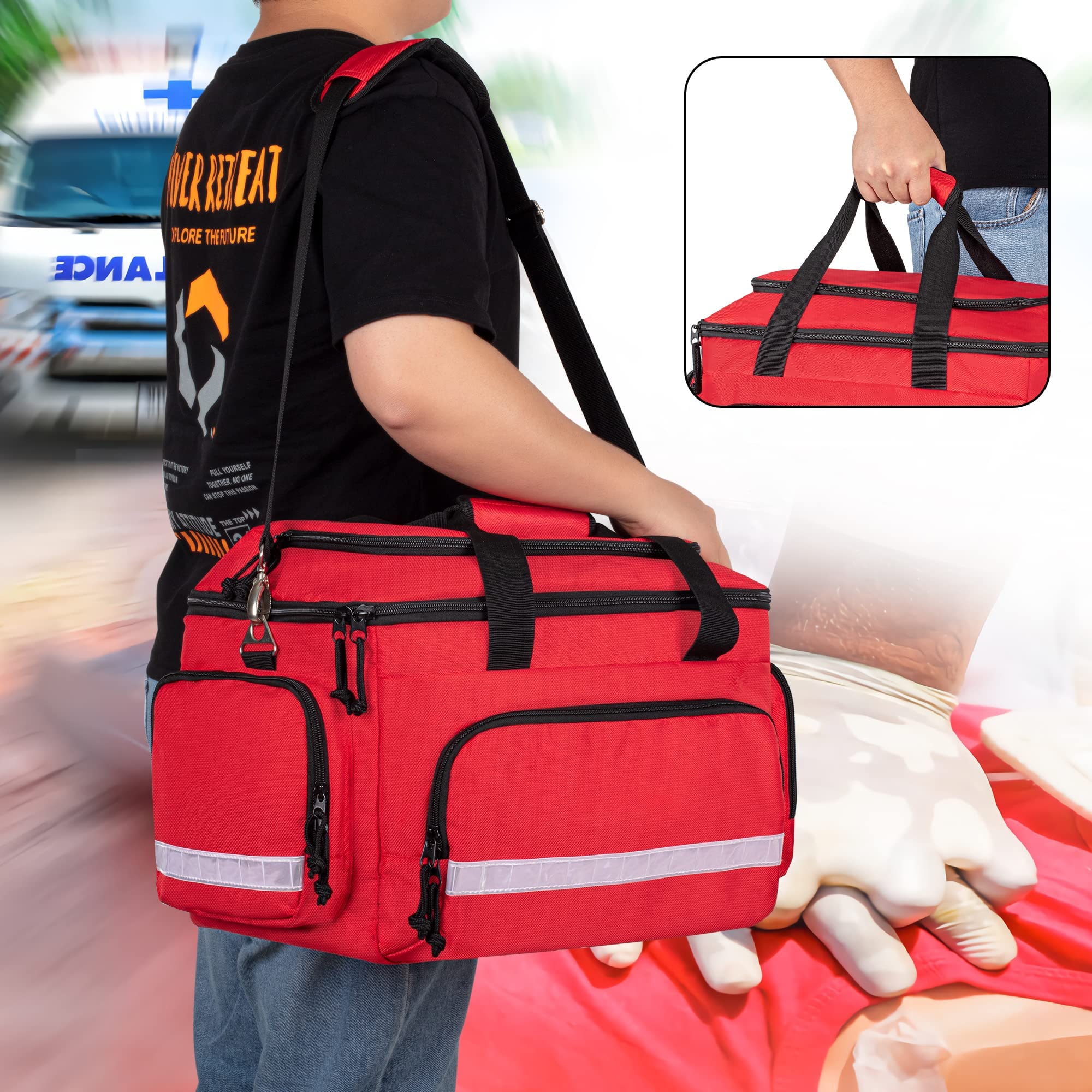 Damero Borsa medica per trauma, borse di pronto soccorso Borsa medica vuota con divisori rimovibili, ideale per infermieri, fisioterapisti, medici, rosso