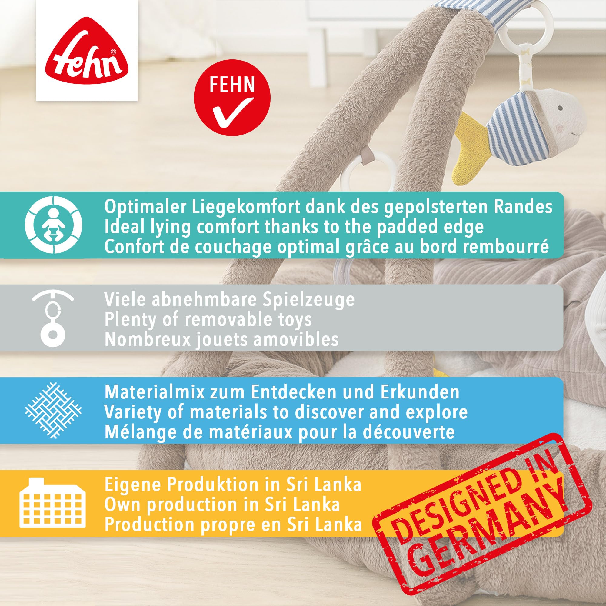 Fehn 3-D-Activity-Nest Otter Theo – Besonders weicher Spielbogen mit 7 abnehmbaren Spielzeugen für optimalen Komfort bei Babys Spiel & Spaß, für Babys und Kleinkinder ab 0+ Monaten