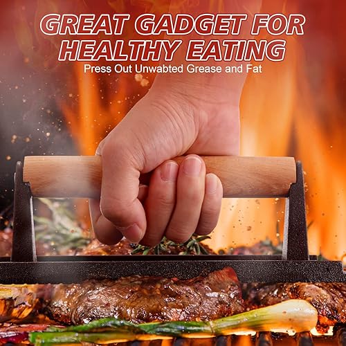 Miniatura 5 de Prensa para parrilla de hierro fundido de 8 x 4 pulgadas, prensa de tocino, hamburguesa y sándwich para parrilla, 2.2 libras de peso de cocción