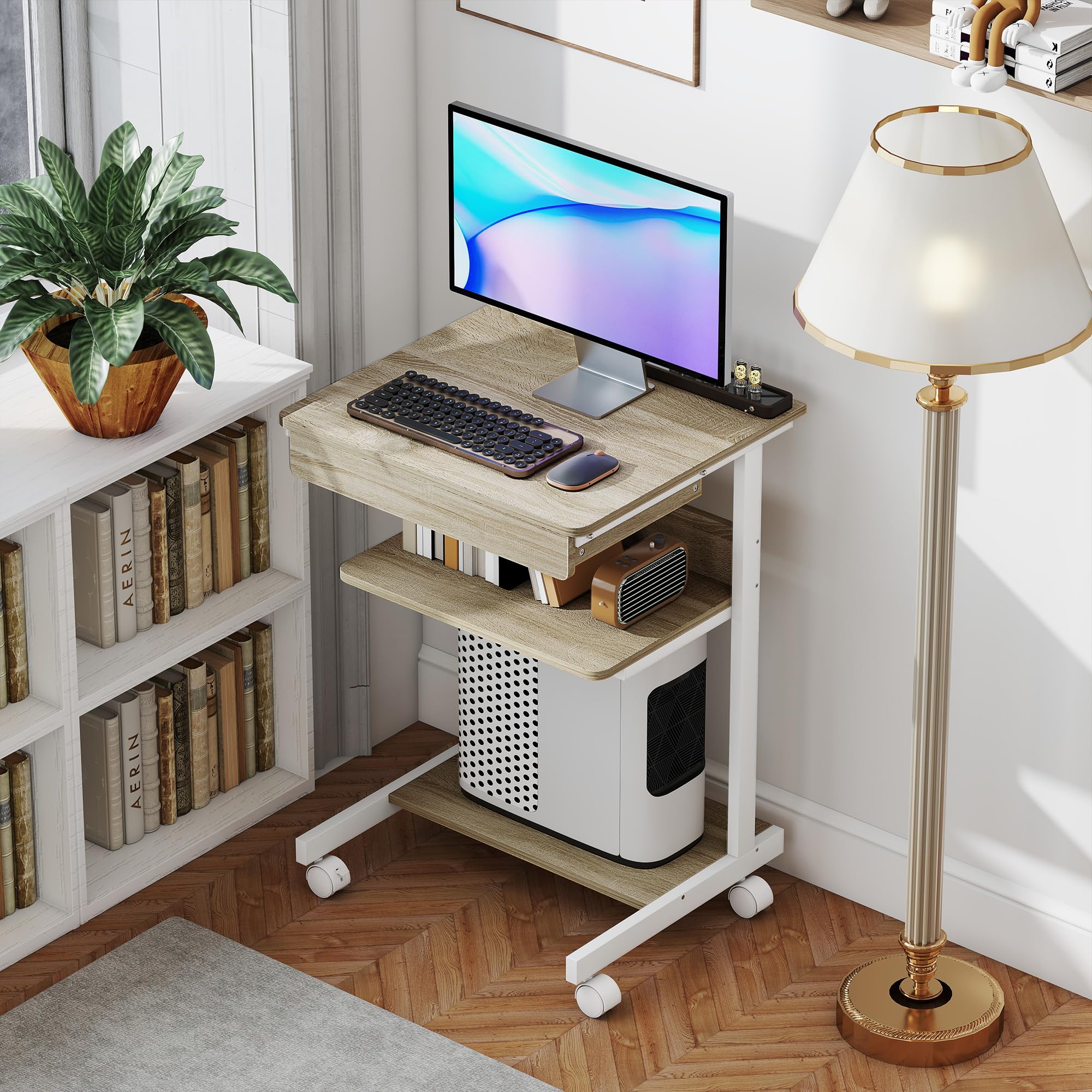 HOMCOM Scrivania Tavolo per Computer, Cassetto, 4 Rotelle, 56x51 cm, Rovere | Scrivania da Ufficio, 4 Rotelle, 2 Ripiani Aperti, Postazione di Lavoro con Supporto CPU, per Studio