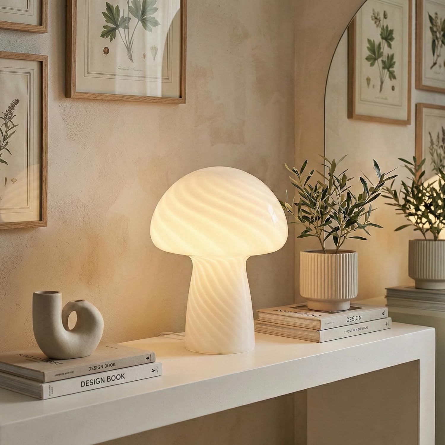 Brightech Mushroom Table Lamp 12.75" - Elegant Modern Glass Lamp for Bedside Tables, Nightstands, Desks, Bookshelves - Cozy Ambient Night Light with Warm White Lamp Living Rooms, Bedrooms - White