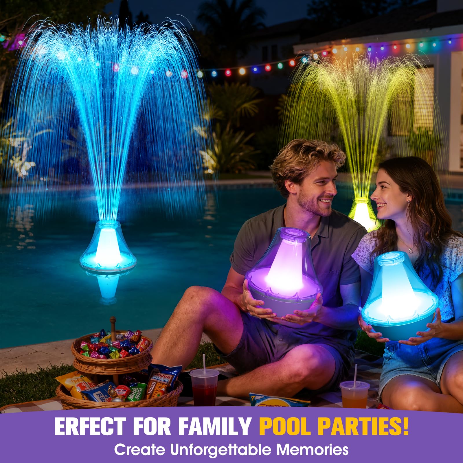 KingSom 2026 Springbrunnen Pool Schwimmend mit LED Licht, Wiederaufladbare Pool Wasserfontäne mit Fernbedienung & Knöpfen, 3 Sprühmodi & 10 Lichtmodi Pools Fontäne mit Anker, Springbrunnen Schwimmend