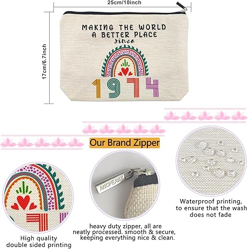 Miniatura 2 de Regalos de cumpleaños número 50 para mujeres, bolsas de maquillaje pequeñas de lino lavado de doble cara impermeables para mamá, 1974, Bolsas de
