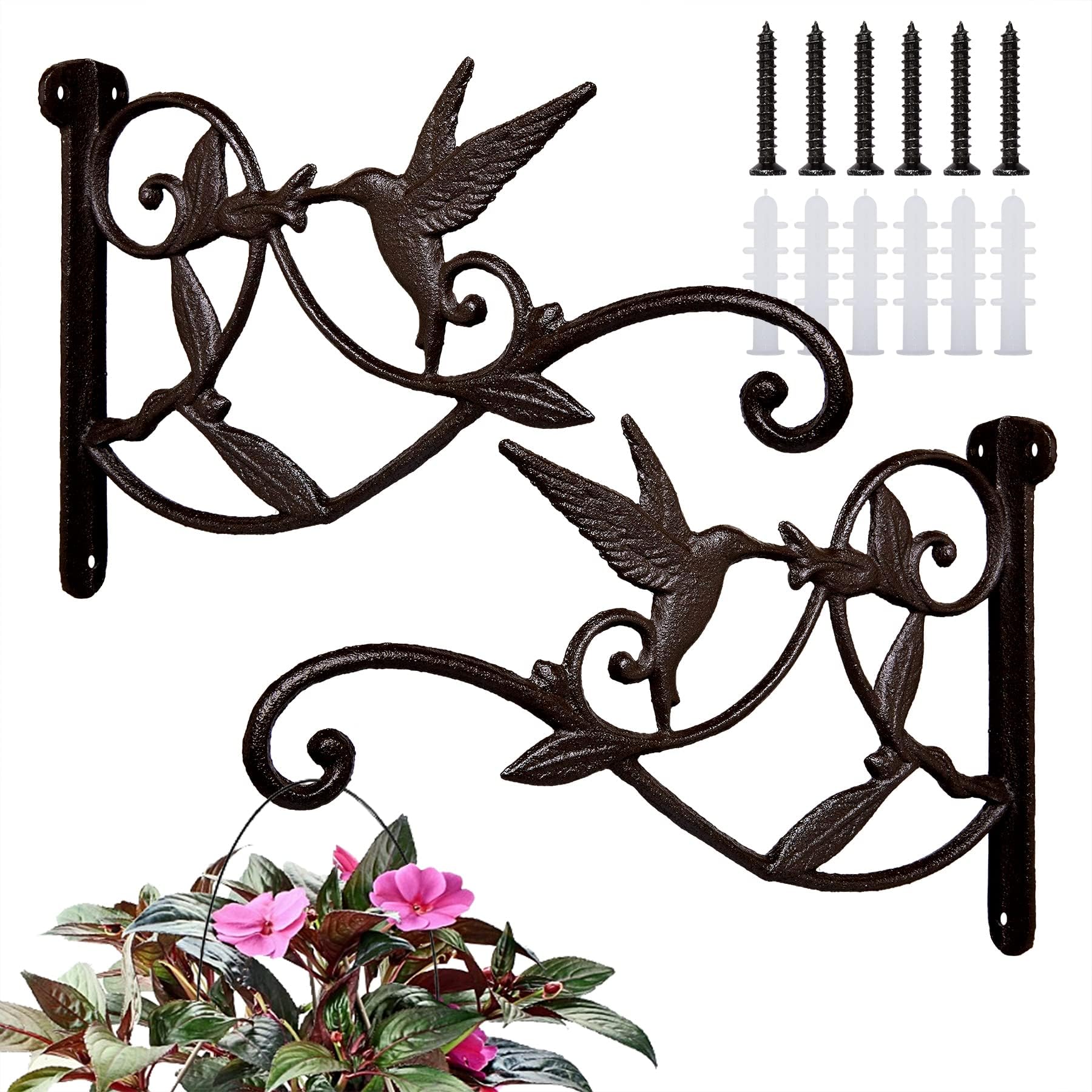 MAKINGTEC 2pcs Plant Hangers Outdoor Plant Hooks for Wall/Fence 10 Inch, Decorative Plant Bracket Lantern Hooks Rustic Iron Wall Hooks Hummingbird Hooks