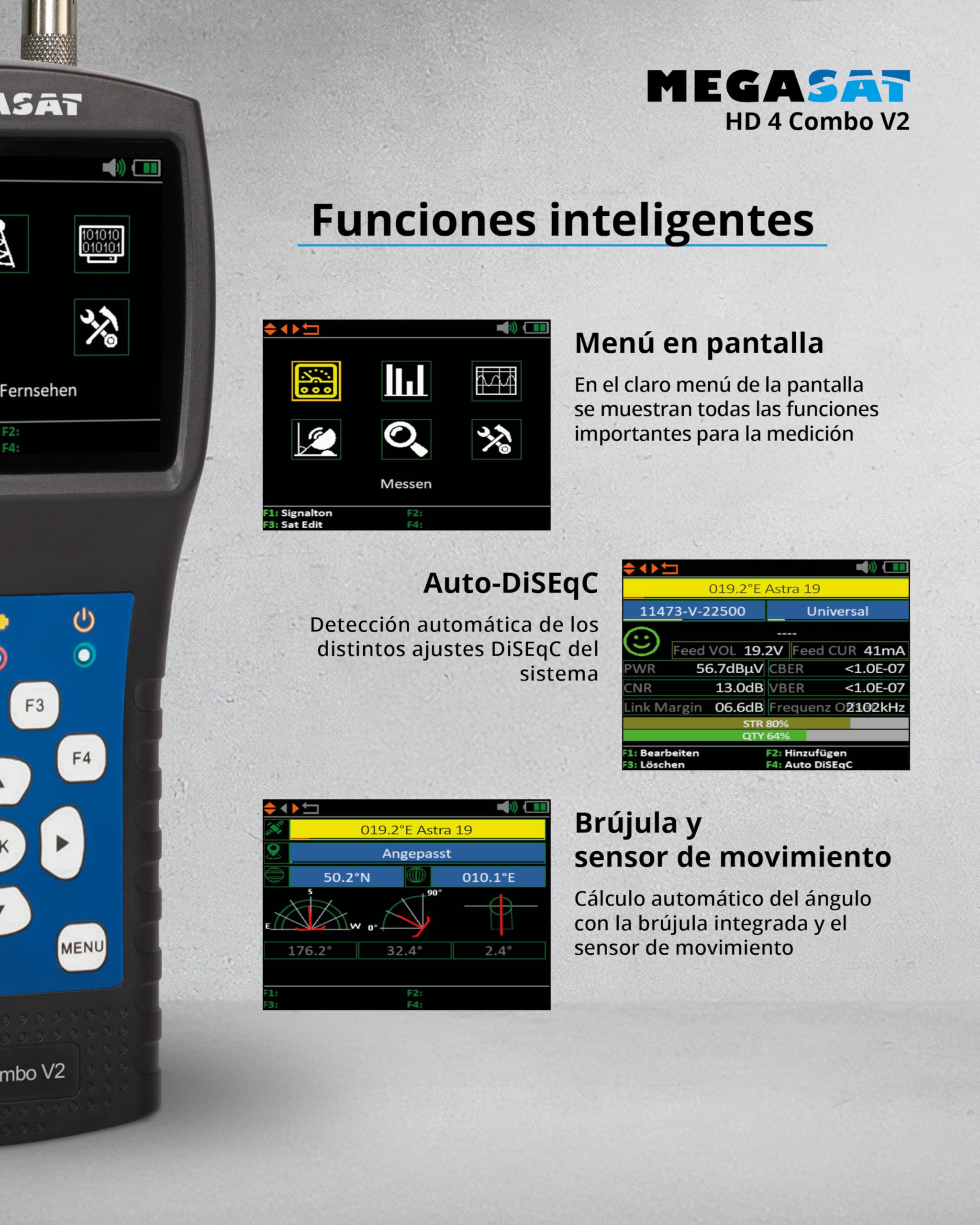 Megasat HD 4 Combo V2 – Medidor para satélite, Cable y TDT | DVB-S/S2, TDT, DVB-C, pantalla a color de 6,9 cm, Unicable, análisis de espectro, batería