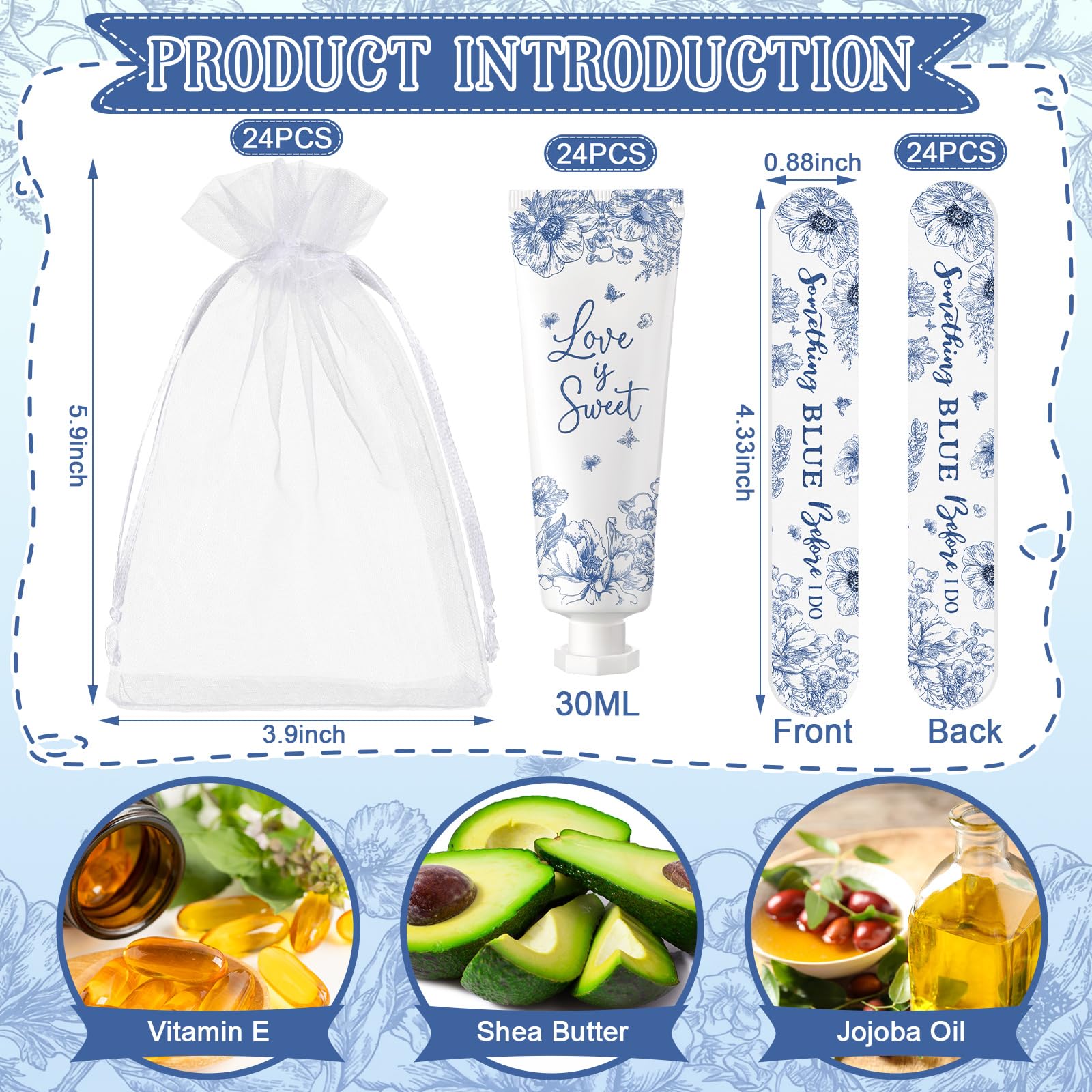 Landhoow 24 Sets Something Blue Before I Do, Brautparty, Handcreme, Nagelfeile, Geschenk, Großpackung, Blau, Blumenmuster, Hochzeitsgeschenke für Gäste, Reisegröße, Dankeschön, Geschenk, Brautparty