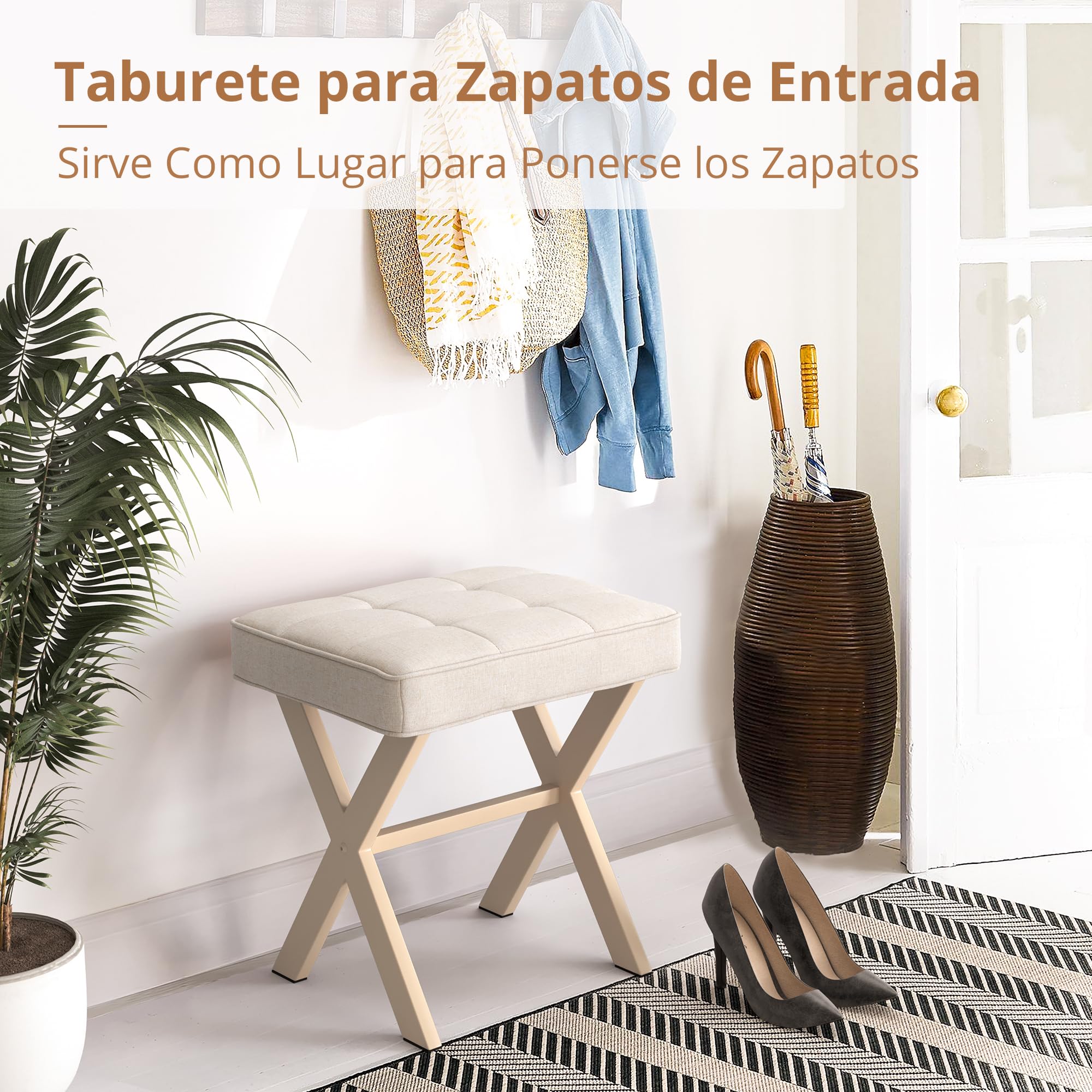 LUE BONATaburete acolchado de maquillaje con patas en X, otomano, reposapiés, de lino para salón, dormitorio, 43 x 33 x 46 cm, arena de lino