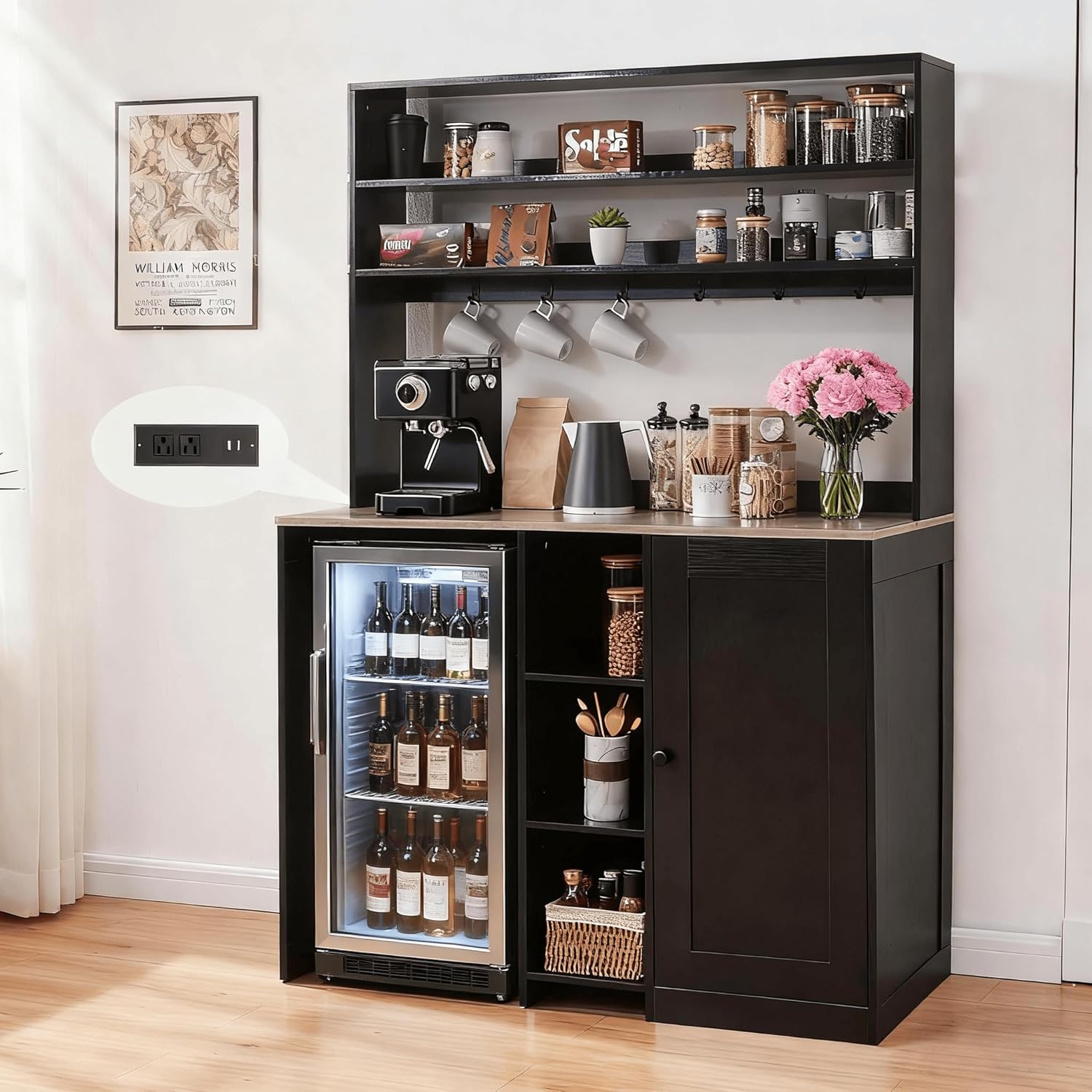 Mini Fridge Cabinet with Storage, Coffee Bar Cabinet with Mini Fridge Space and Power Outlet, Liquor Wine Bar Cabinet with Microwave Shelf, Beverage Station for Kitchen, Dorm, Living Room