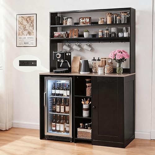 Mini gabinete de nevera con almacenamiento, gabinete de barra de café con espacio para refrigerador pequeño y toma de corriente, gabinete de bar de