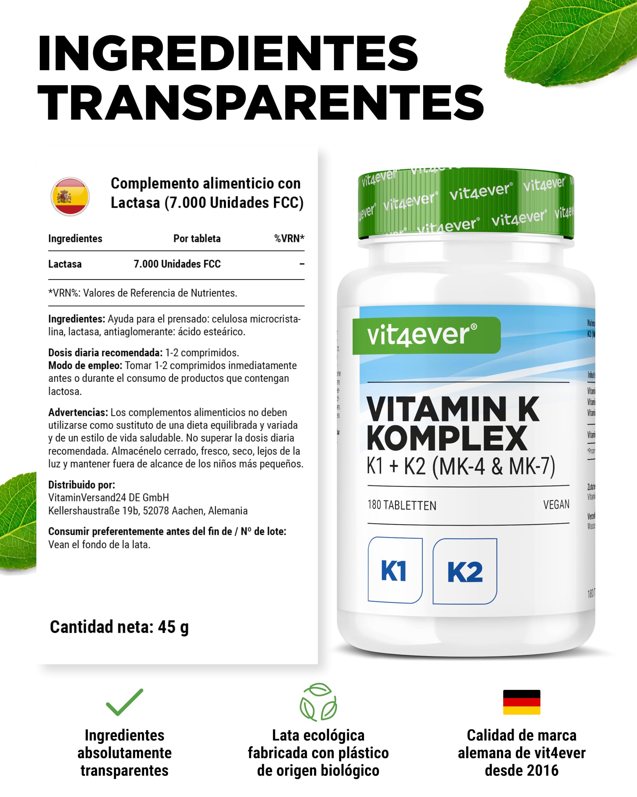 vit4ever Complex de Vitamina K - 180 Comprimidos - Alta Dosificación con 1000 µg de Vitamina K1 + K2 Menaquinona (1000 µg MK4 + 200 µg MK7) - Sin Aditivos innecesarios - Vegano