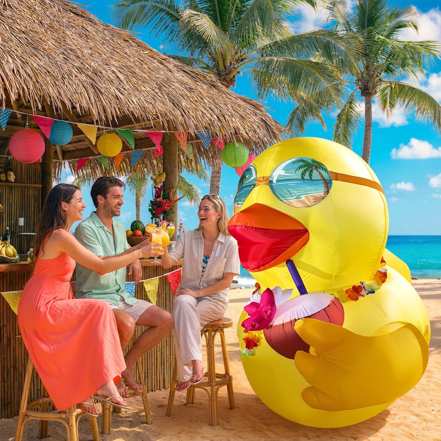 OurWarm 6 FT Inflatable Duck Luau Party Decorations, Luau Party Inflatable Decorations with LED Lights, Summer Inflatables Outdoor Decorations for Hawaiian Pool Summer Beach Tropical Party Decorations