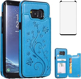 Phone Case for Samsung Galaxy S8 Plus with Tempered Glass Screen Protector Card Holder Wallet Cover Flip Leather Cell Accessories Glaxay S8plus S 8 8plus 8S Edge S8+ SM-G955U Cases Women Men Blue