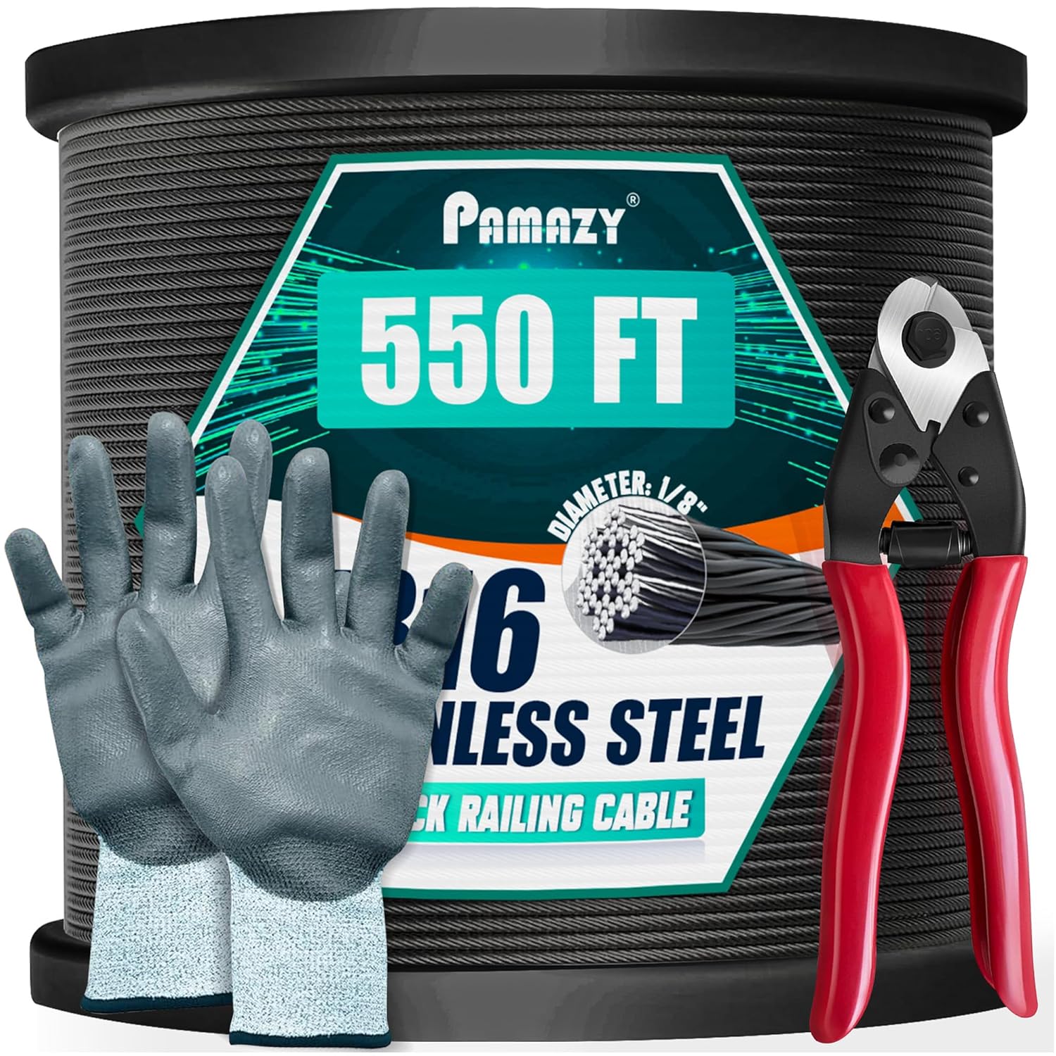 550FT 1/8” Black T316 Stainless Steel Deck Cable Railing Kit with Cutter & Gloves, 7x7 Strands Construction, Cable Railing Hardware System, Wire Rope Aircraft Cable for Wire Fence