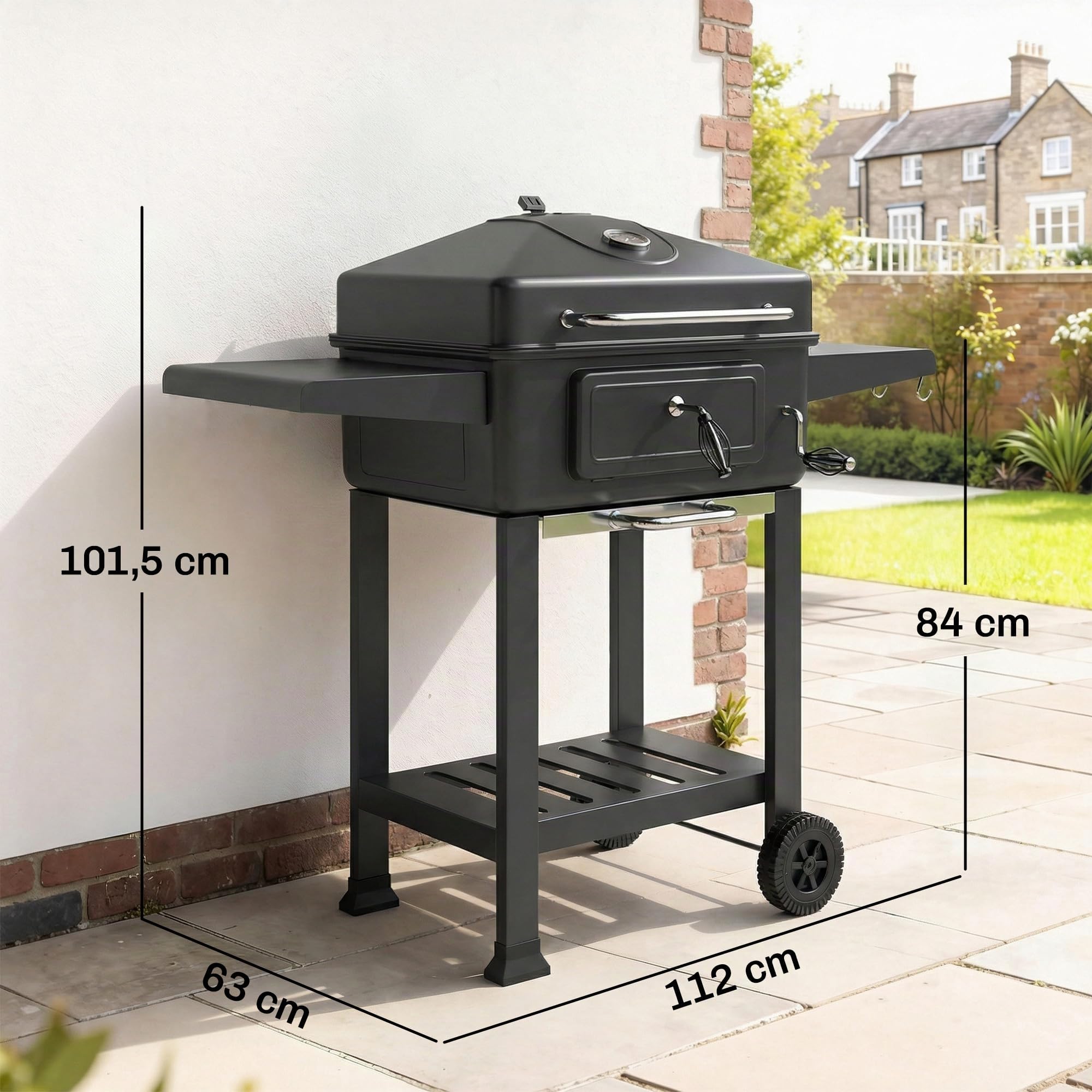 Outsunny Holzkohlegrill BBQ Smoker Deckel Thermometer Grillwagen Räder | Höhenverstellbar Kohlepfanne, Grillrost, Seitentisch, Aschefach, Lüftungsschlitzen, Kohlegrillwagen, Camping Garten