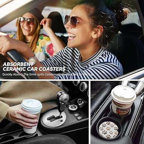 Miniatura 7 de Paquete de 2 posavasos de automóvil para portavasos de automóvil, 2.56 pulgadas, universales, de piedra de cerámica, absorbente, con base de corcho