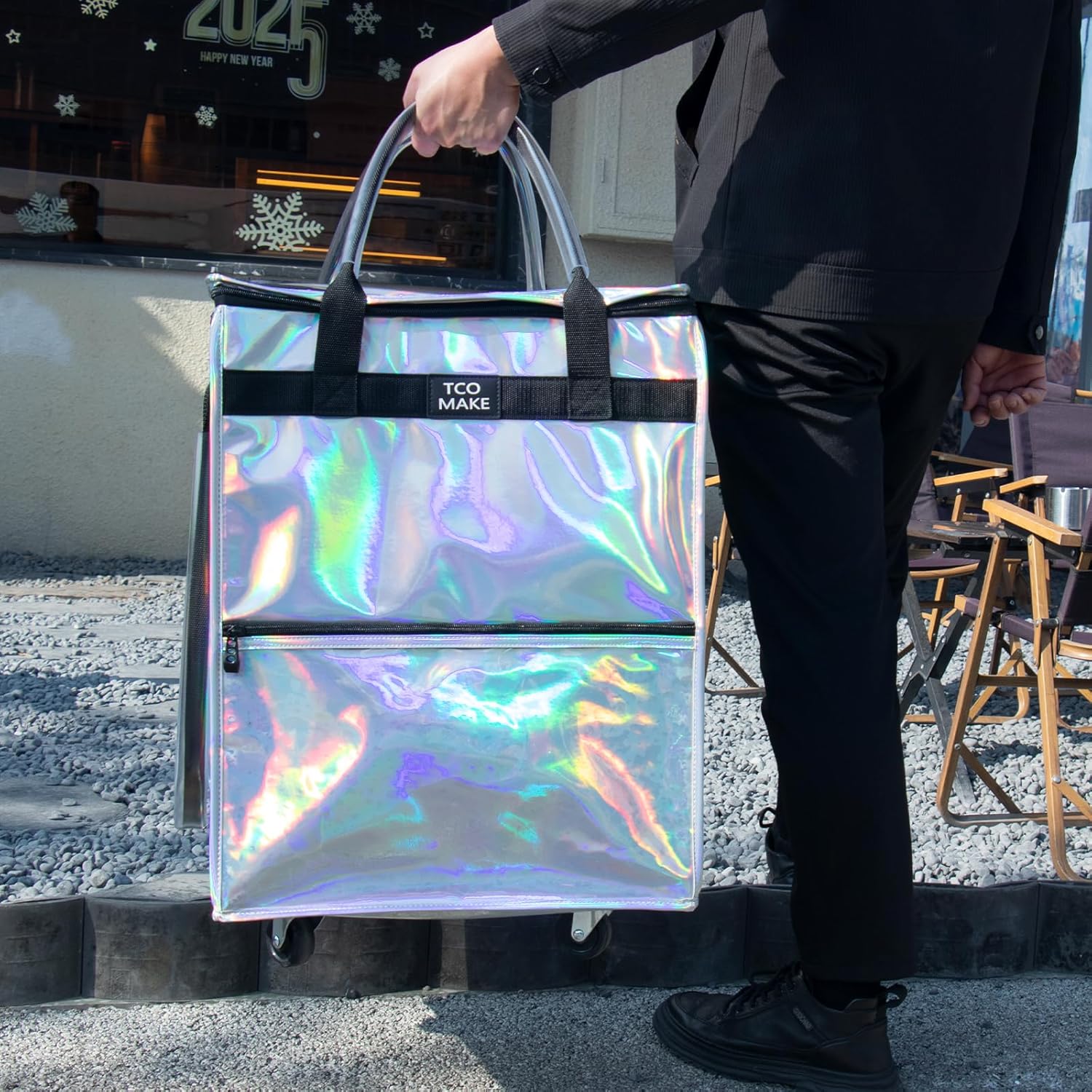 Reusable Grocery Bag on Wheels, Rolling Shopping Bags with Wheels and Handle, Folding Rolling Tote Trolley, 3 Pockets and Zipper Cover, Carries Up to 46 LBS (Medium, Phantom White) - Image 5