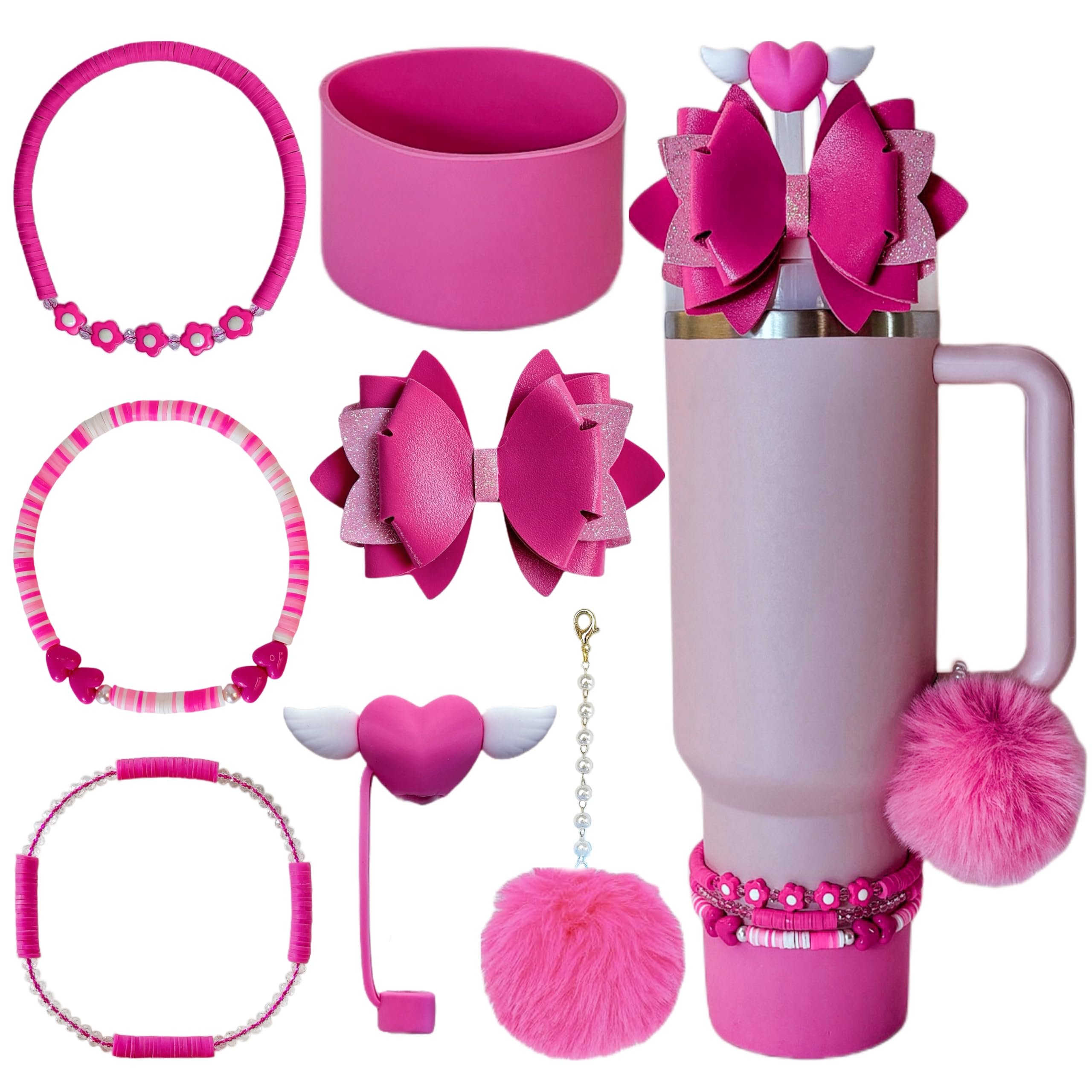 Klasikok Accessories for Stanley Cup 40oz,3 Decorative Beads Charms for Stanleytumbler,1 Bow Straw Topper,1 Silicone Boot for Stanley40 oz,1 Pompom