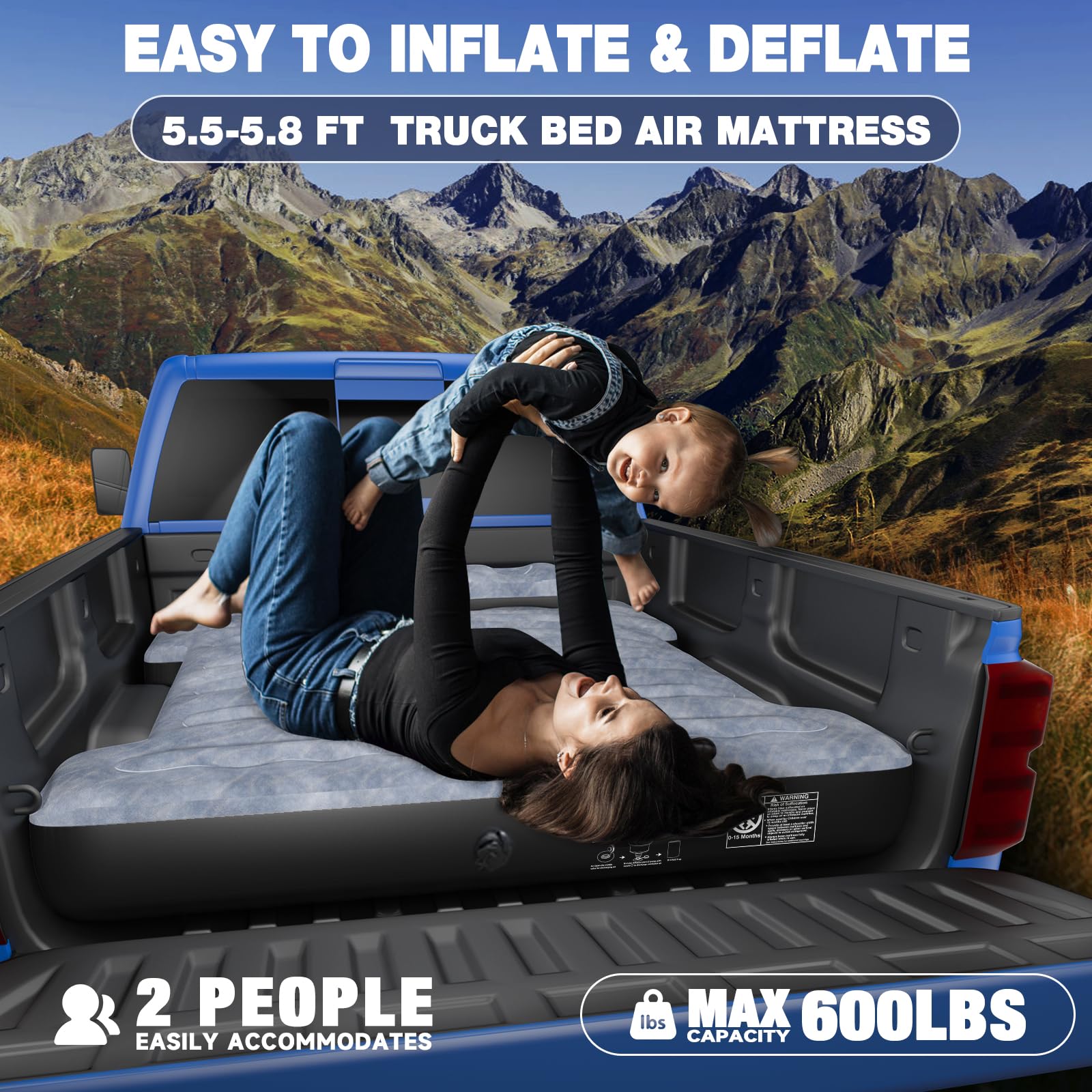 Uncle Elk Truck Bed Air Mattress - Full Size Truck Bed, Inflatable Mattress with Air Pump, 2 Pillows, Carry Bag, Fits Chevrolet Silverado, Dodge Ram, Ford, Grey