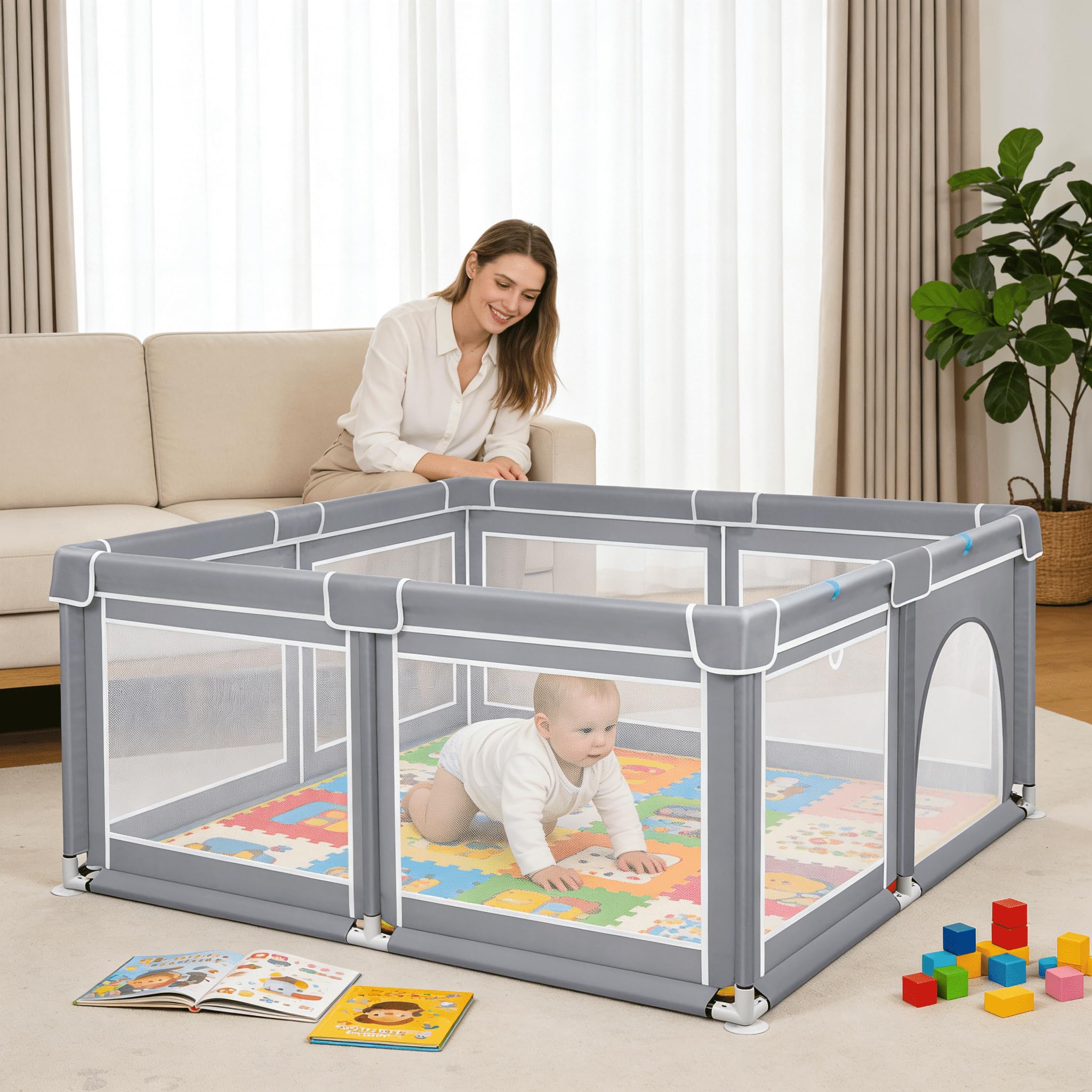Yunvin Baby Playpen for Toddlers and Babies, 180 x 200 x 68cm Sturdy Infant Activity Center with Breathable Mesh and Rings Toddlers' Safety Playground with Non-Slip Base, Grey