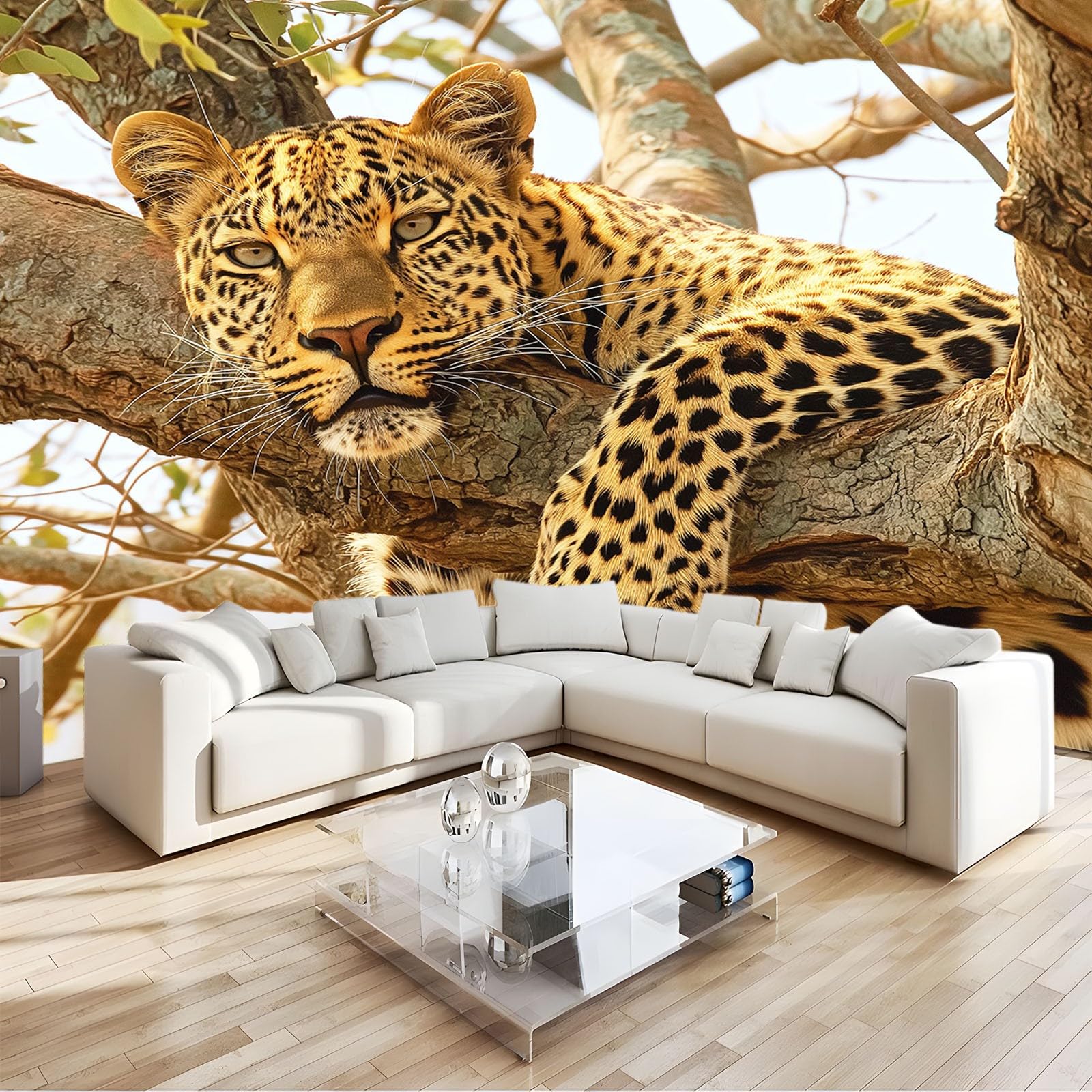 Fototapete 3D Effekt Tiere Leopard Akazie 250x175 cm Vliestapete Wohnzimmer Schlafzimmer Vlies Tapete Art Wandtapete UV-Beständig Wanddekoration Tapete