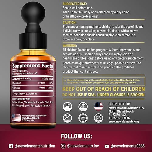 Miniatura 3 de Gotas de glicinato de magnesio líquido con vitamina B6, suplemento de magnesio de 500 mg y vitamina B6 100 mg | Sin OMG sin gluten | Alivio del